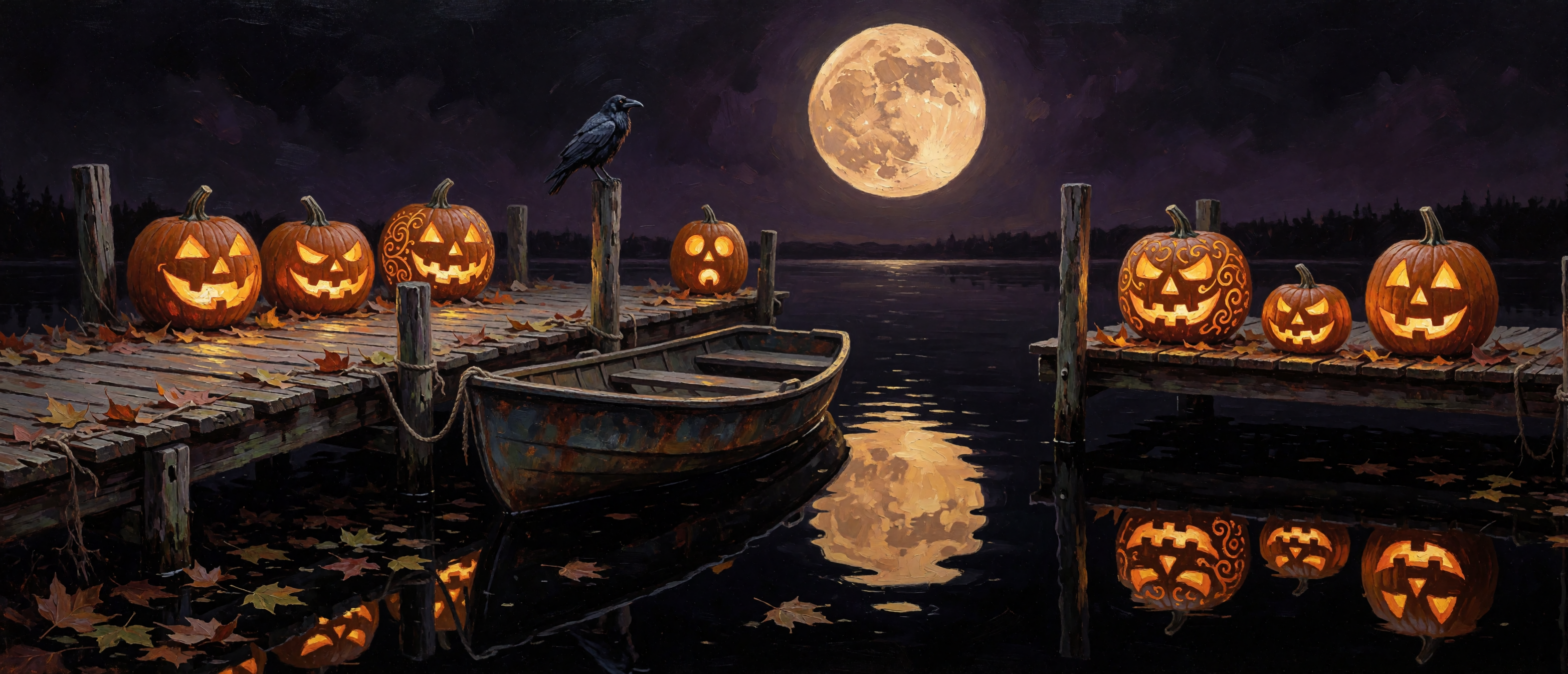 halloween-oil-haunted-boat-dock-black-lake-moon-ultrawide