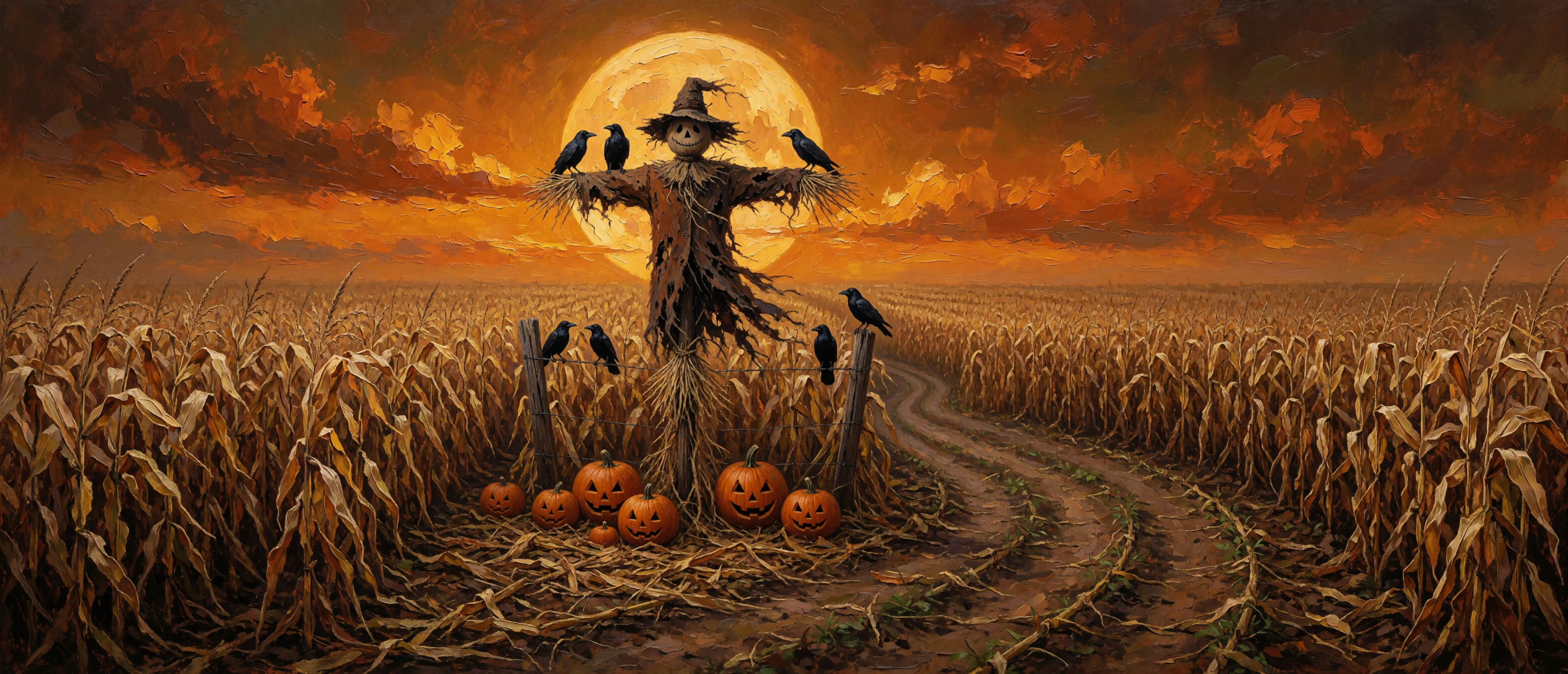halloween-oil-scarecrow-cornfield-harvest-moon-ultrawide