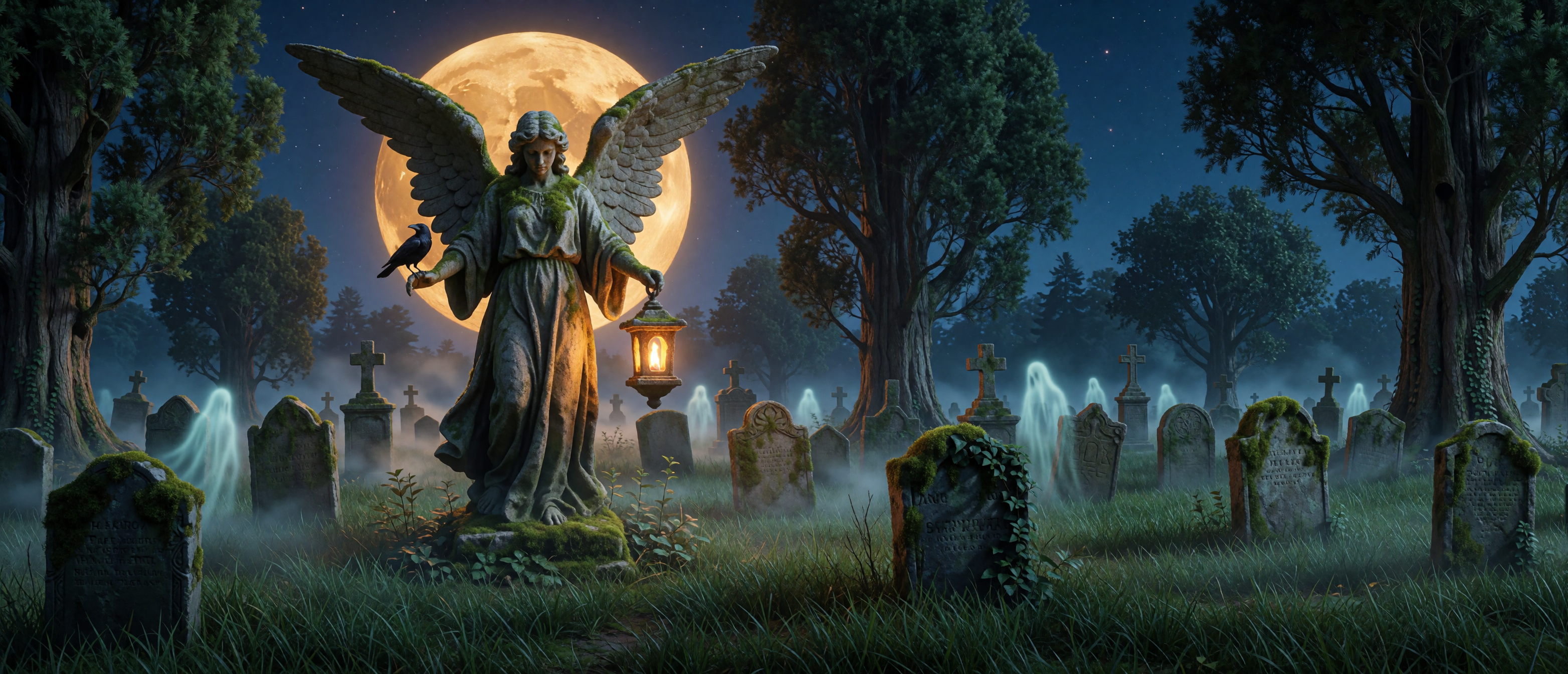 halloween-gothic-cemetery-angel-lantern-ghosts-moonlit-ultrawide