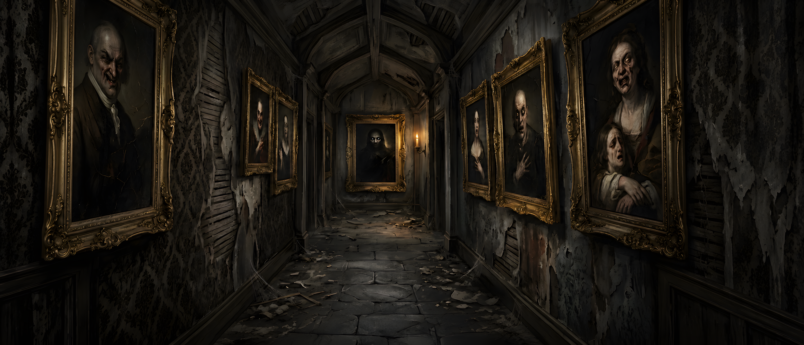halloween-haunted-portrait-hallway-glowing-eyes-candle-ultrawide