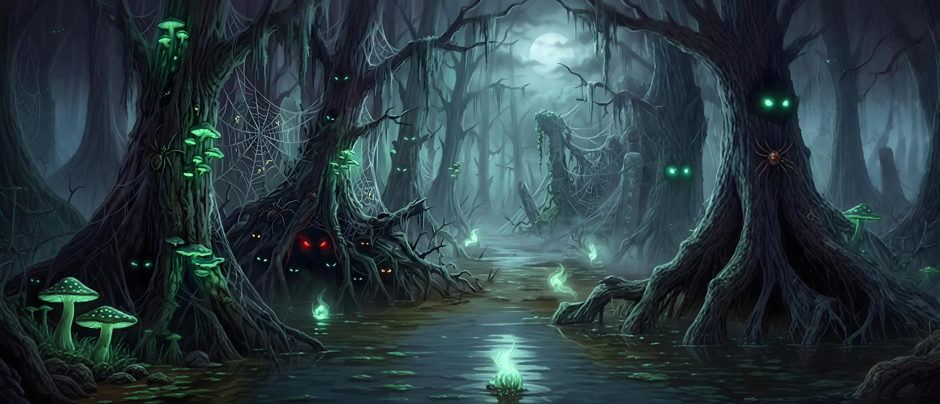 halloween-haunted-swamp-glowing-mushrooms-spider-eyes-ultrawide