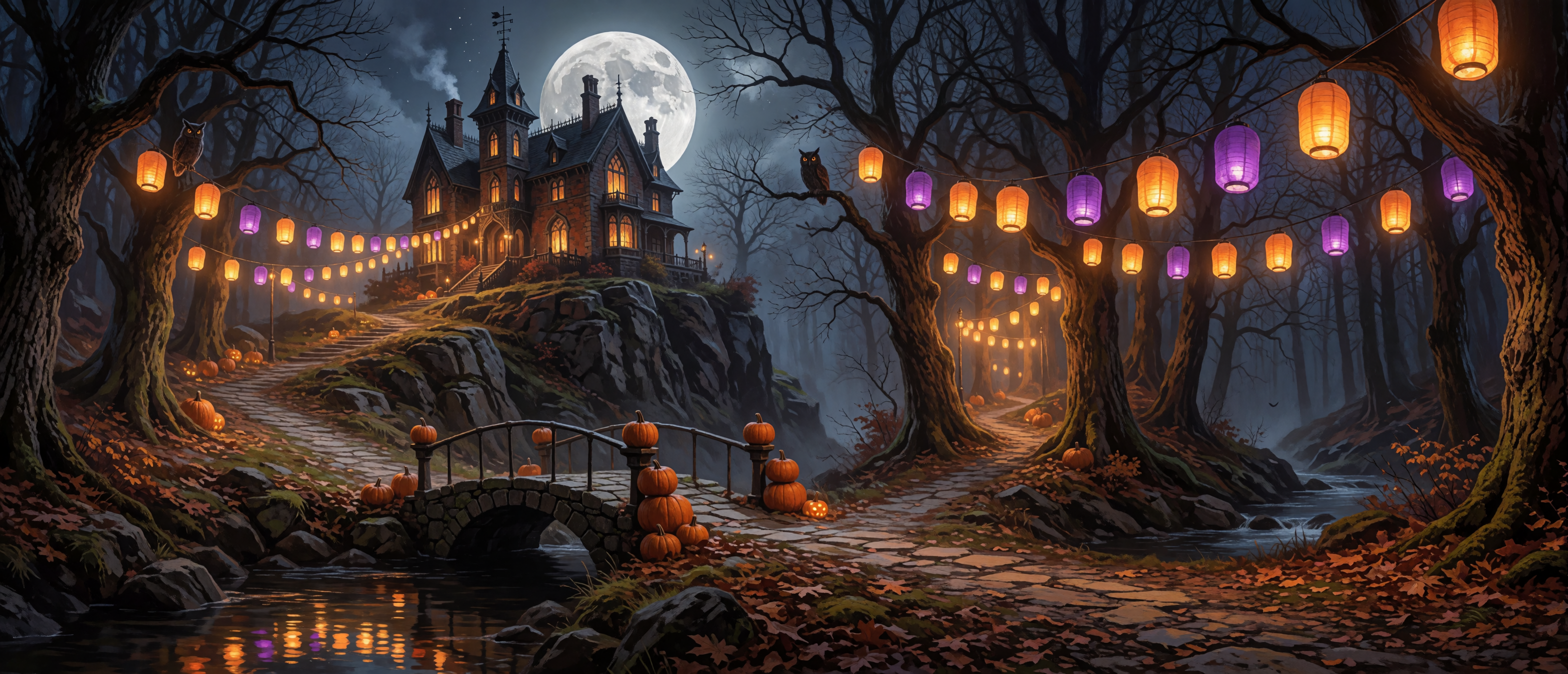 halloween-hilltop-manor-lantern-bridge-tree-tunnel-ultrawide