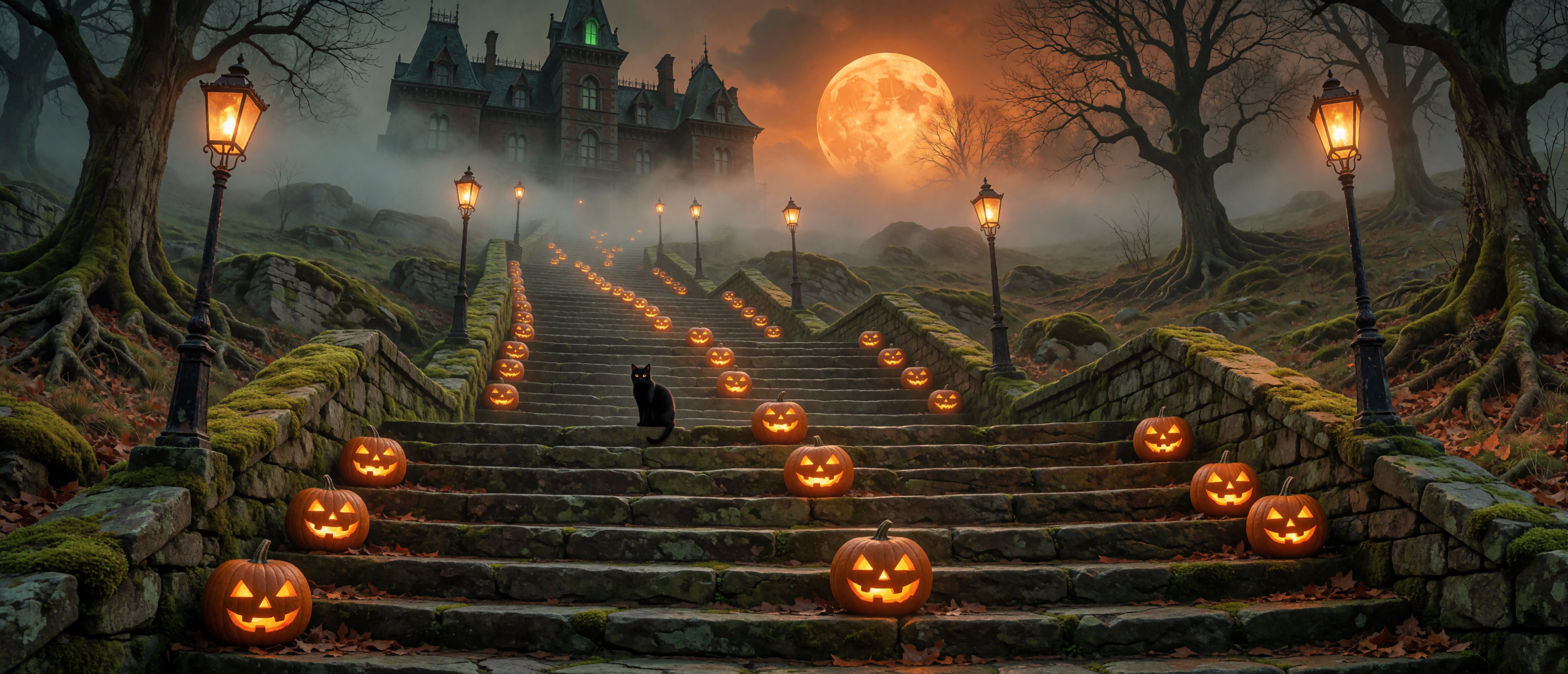 halloween-hilltop-manor-stone-staircase-fog-ascent-ultrawide