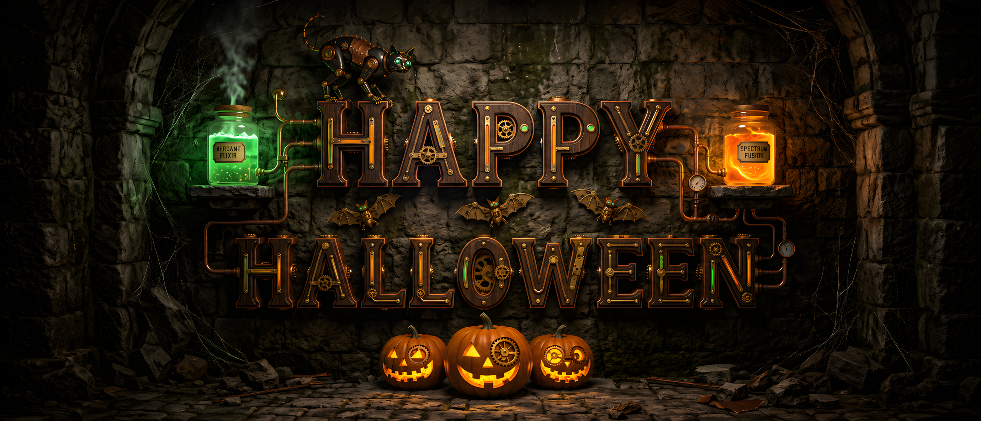 halloween-sign-happy-halloween-steampunk-wood-gears-mechanical-cat-crypt-ultrawide
