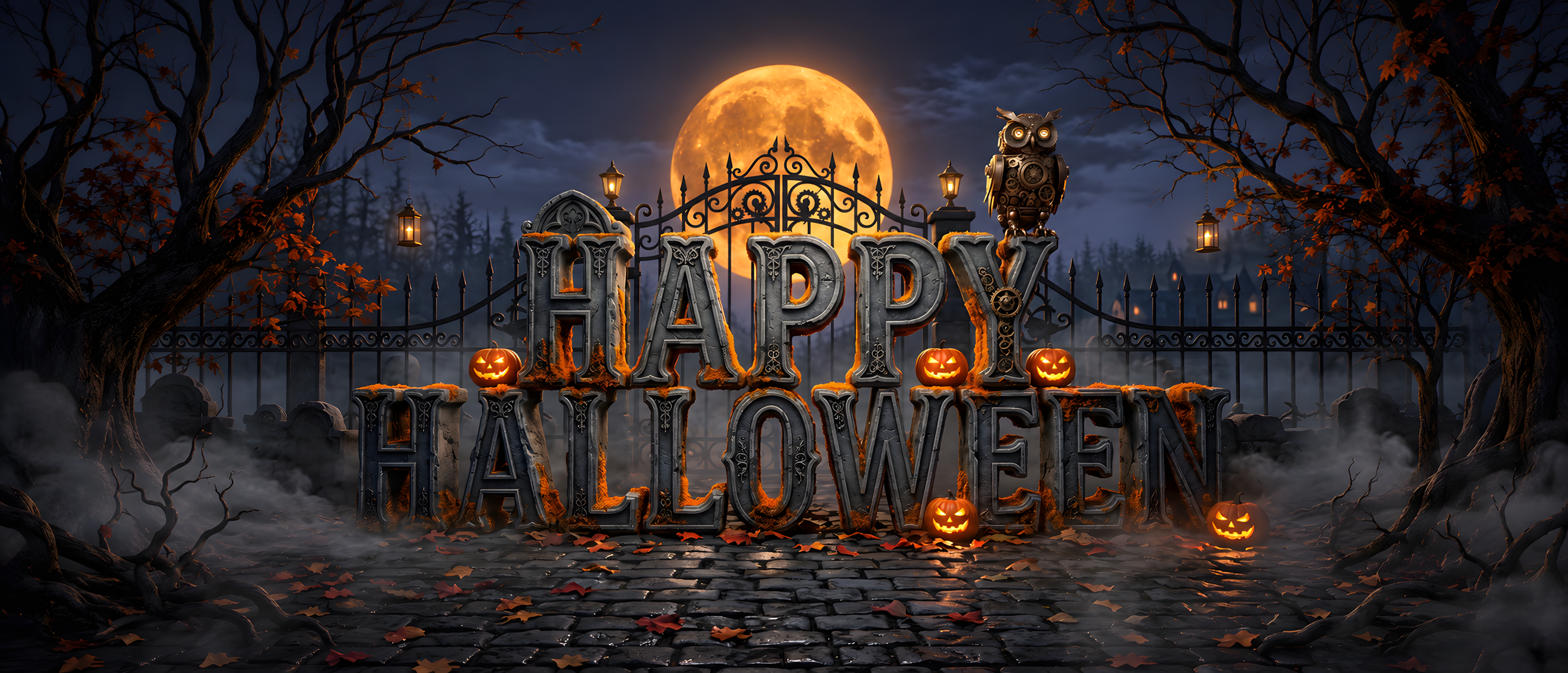 halloween-sign-happy-halloween-stone-carved-letters-mechanical-owl-harvest-moon-gate-ultrawide