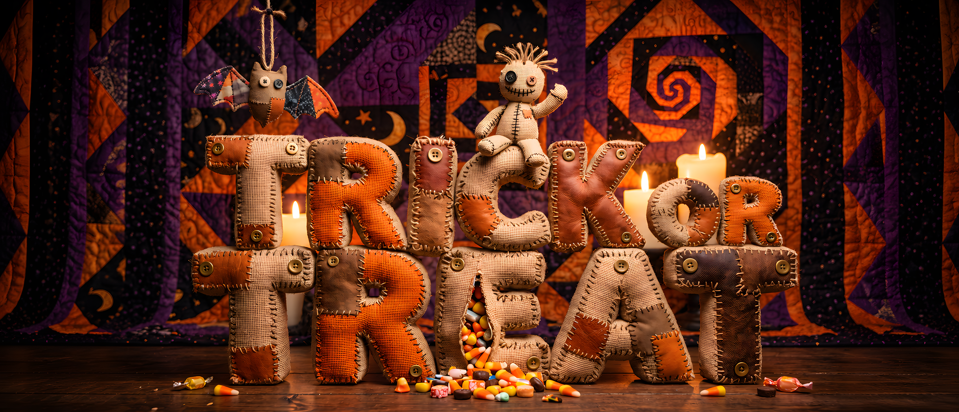 halloween-sign-trick-or-treat-burlap-stitched-letters-voodoo-doll-candy-quilt-ultrawide