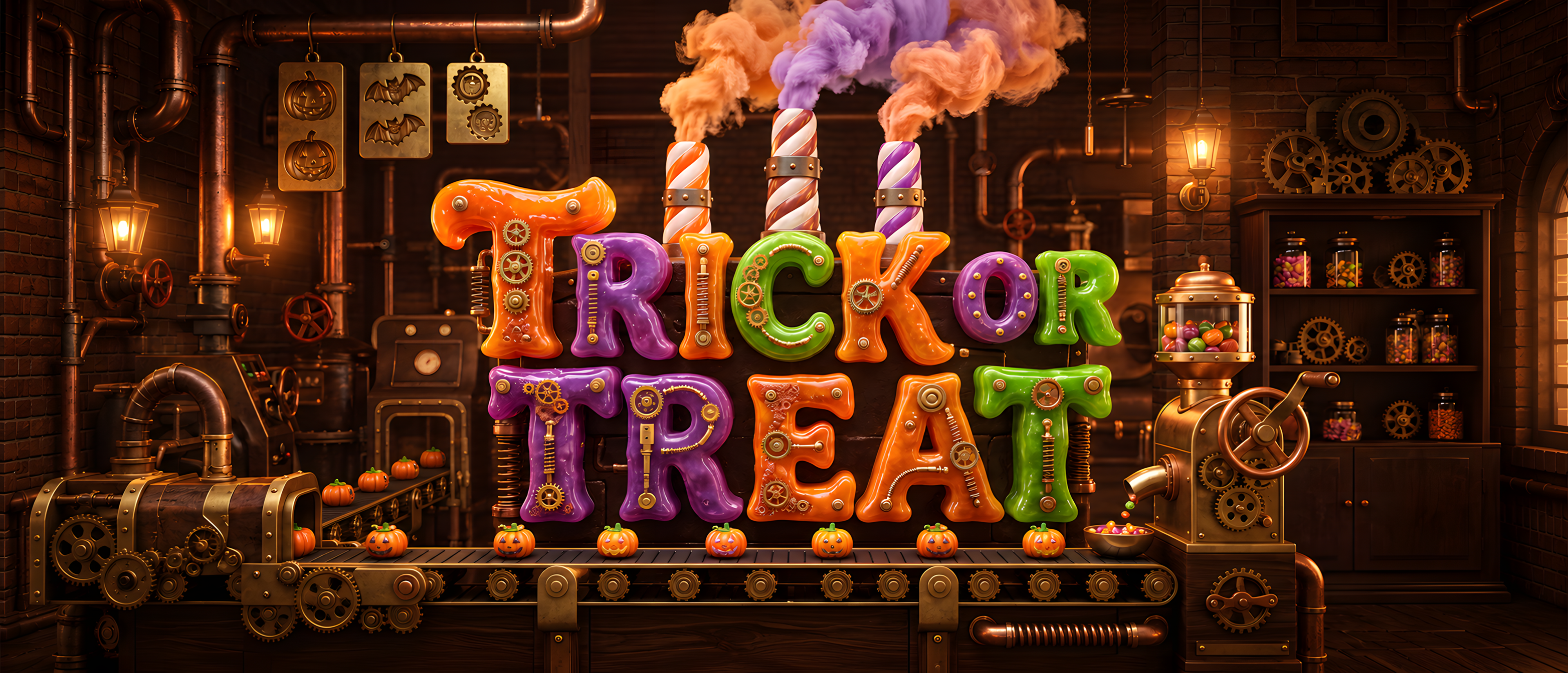 halloween-sign-trick-or-treat-candy-steampunk-factory-conveyor-smoke-ultrawide