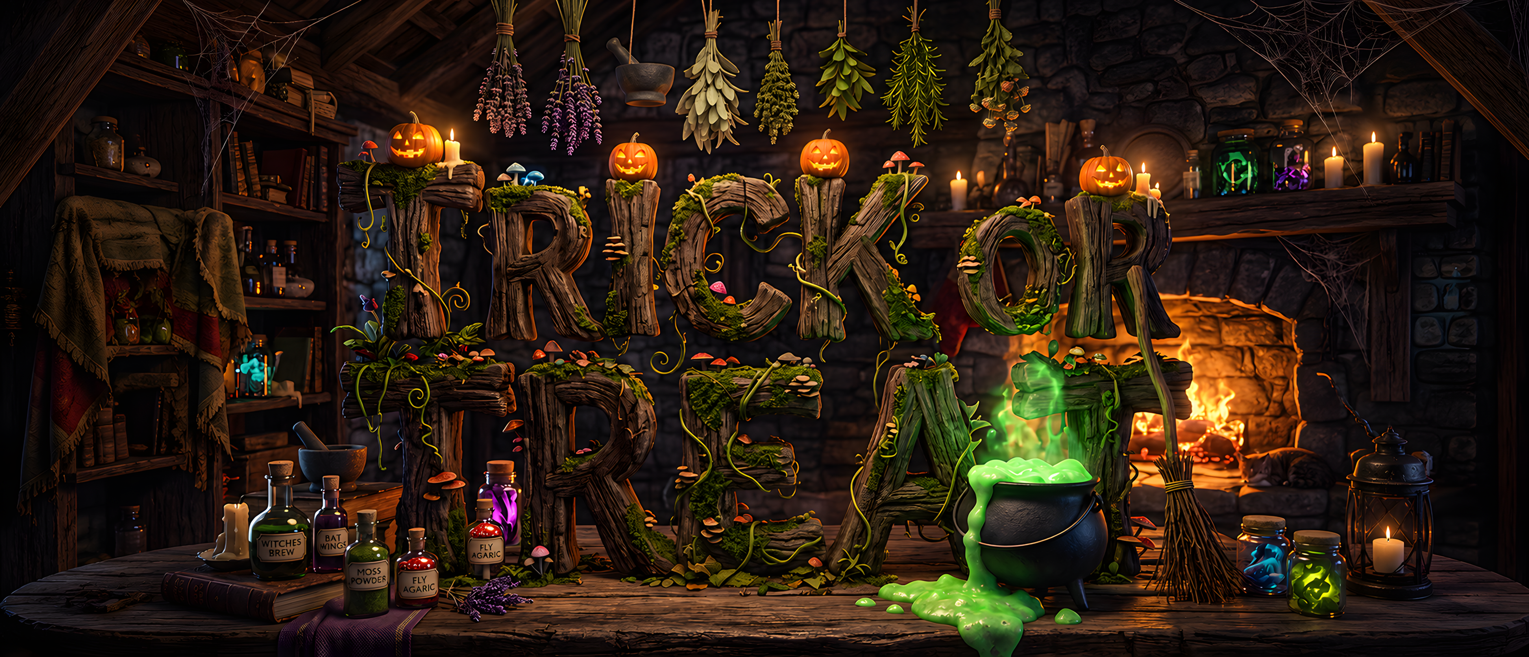 halloween-sign-trick-or-treat-mossy-wood-letters-witch-cottage-cauldron-ultrawide