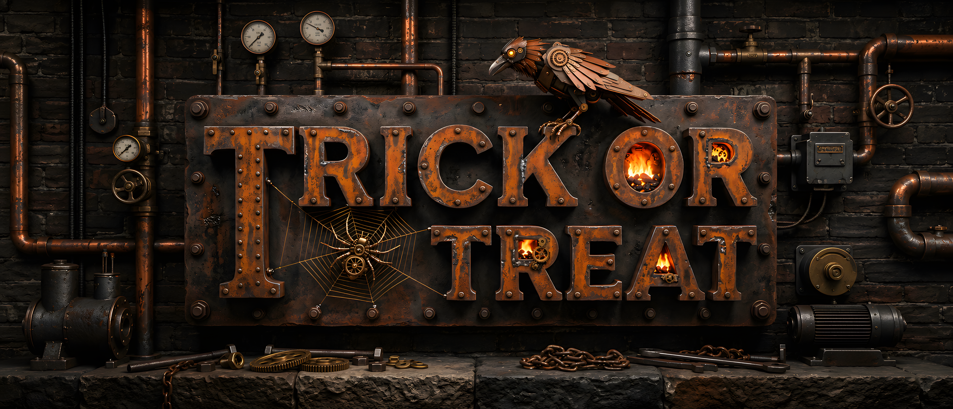 halloween-sign-trick-or-treat-steampunk-iron-plate-mechanical-crow-ultrawide