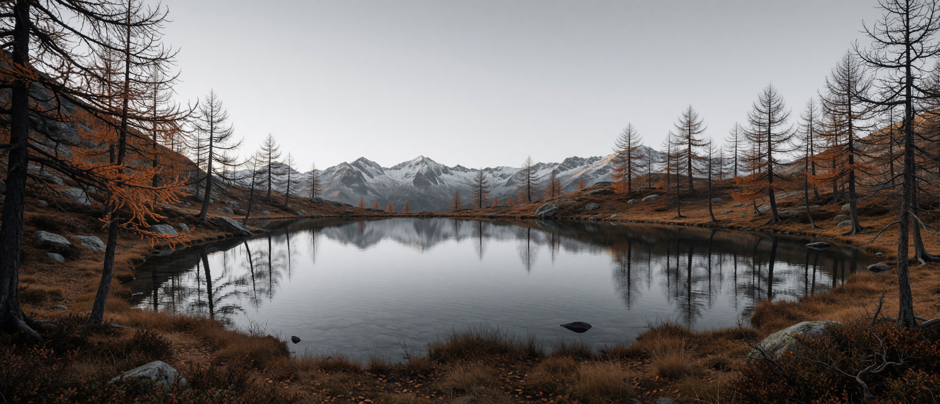 alpine-lake-late-autumn-bare-trees-snow-peaks-ultrawide