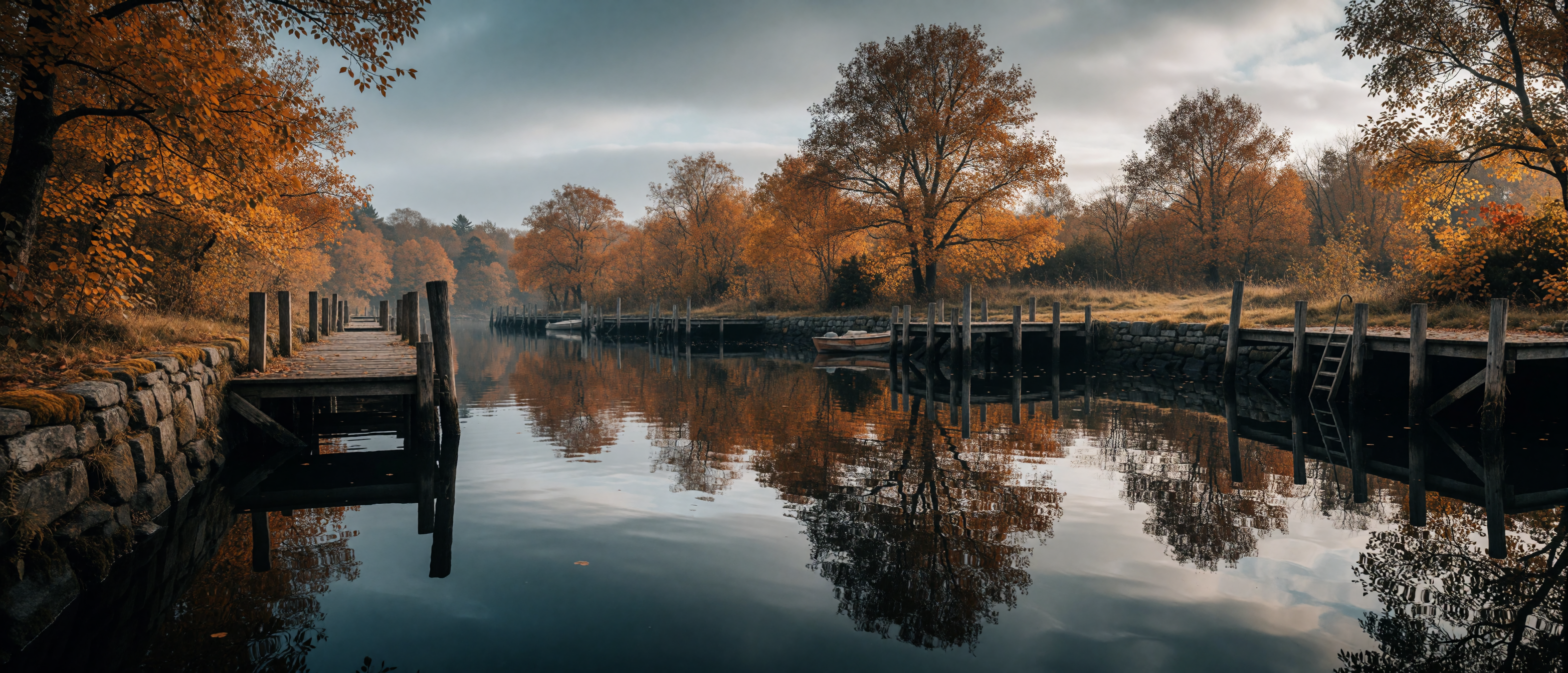 autumn-harbor-copper-treeline-dark-water-reflection-ultrawide