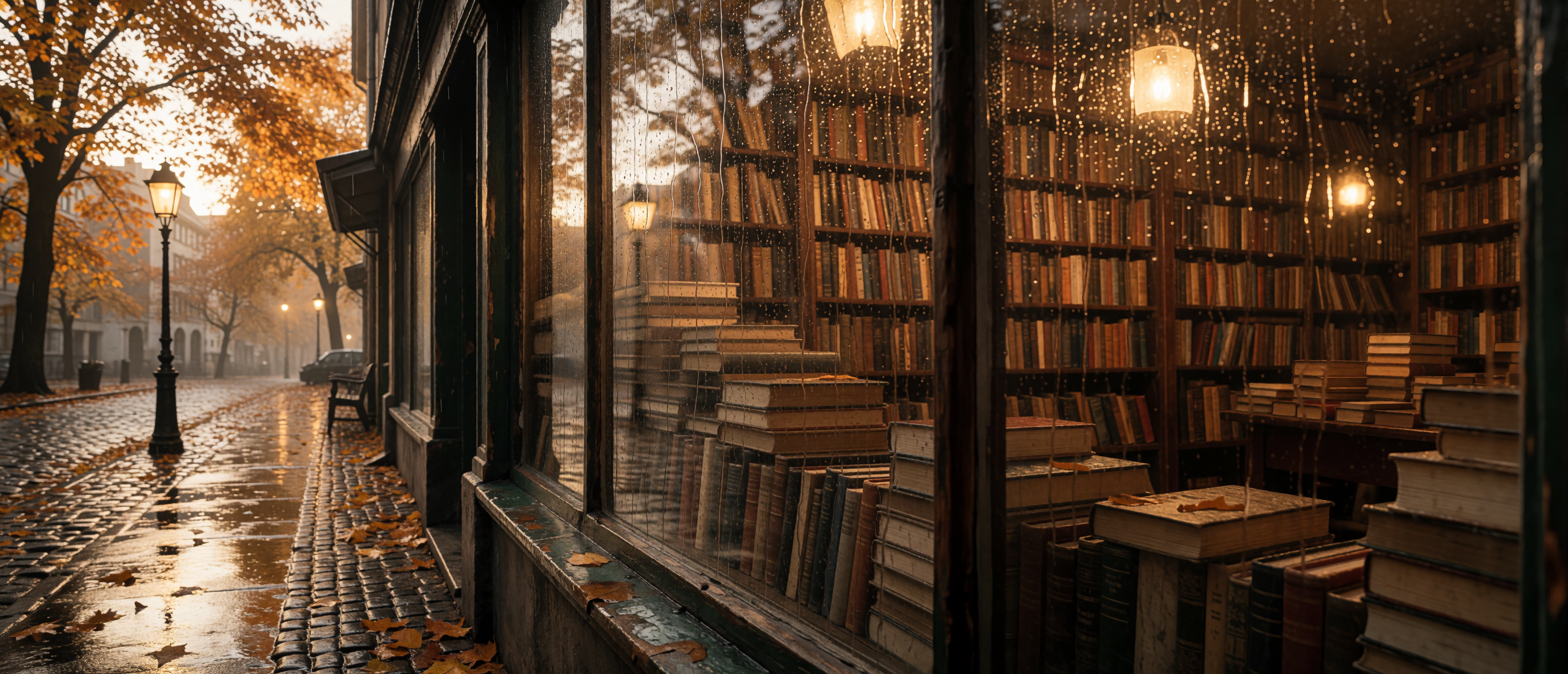 bookshop-window-rainy-autumn-cobblestone-lamppost-ultrawide