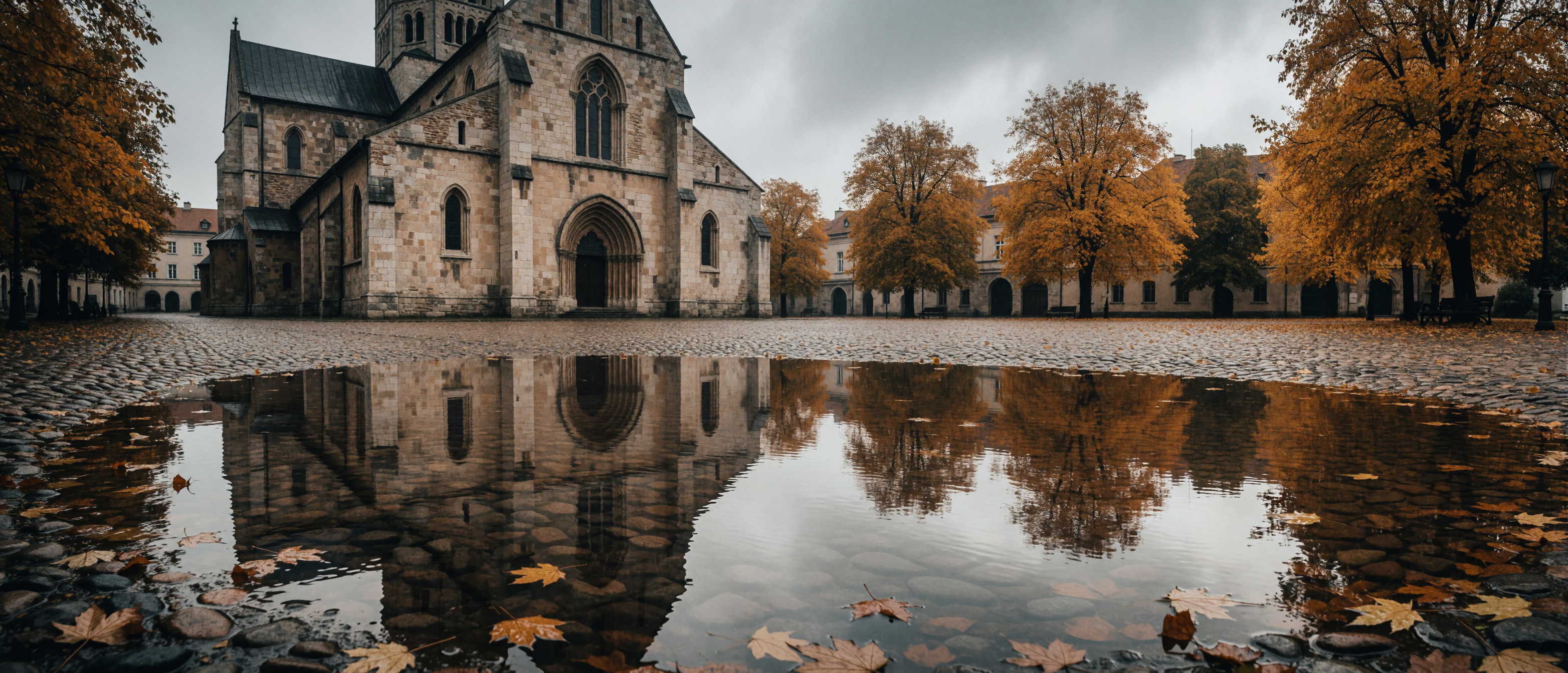cathedral-square-puddle-cobblestone-amber-trees-ultrawide