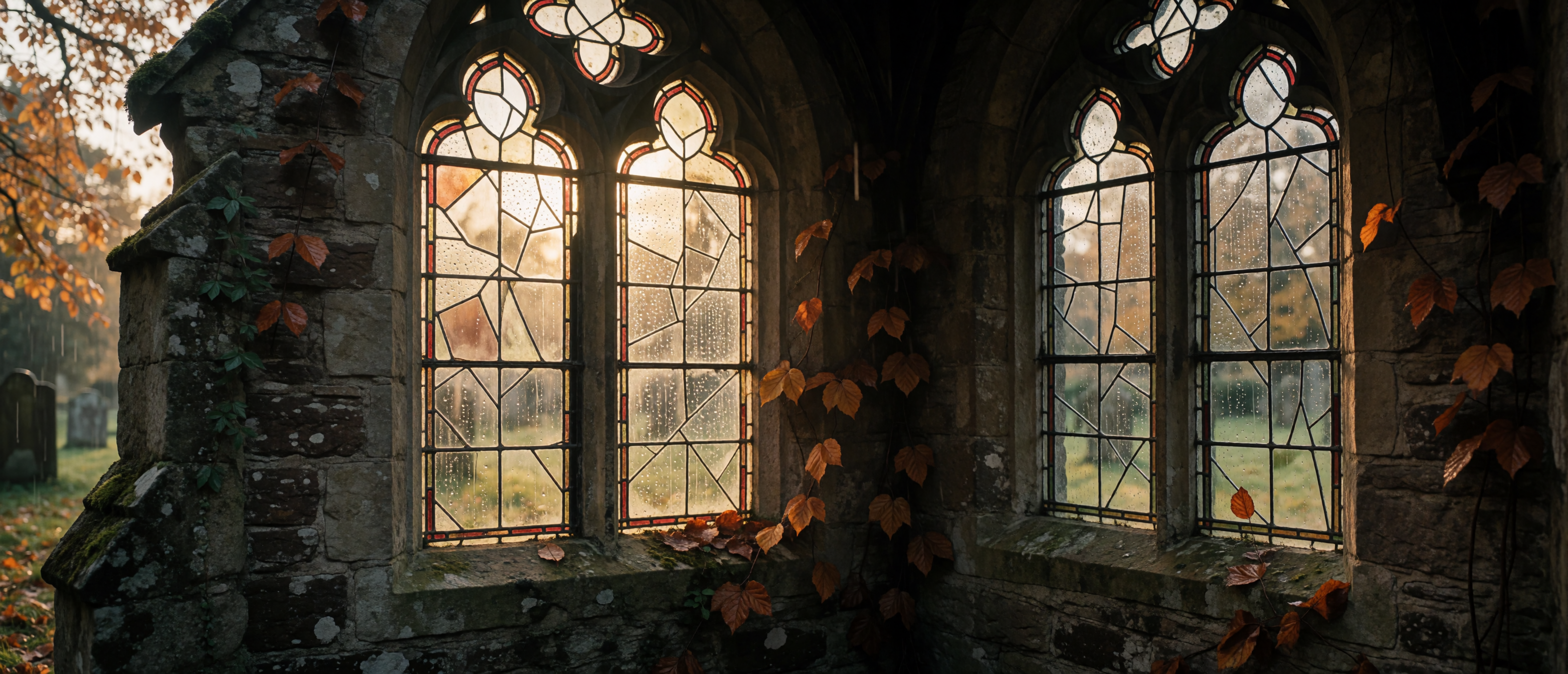 chapel-window-rain-golden-churchyard-autumn-ultrawide