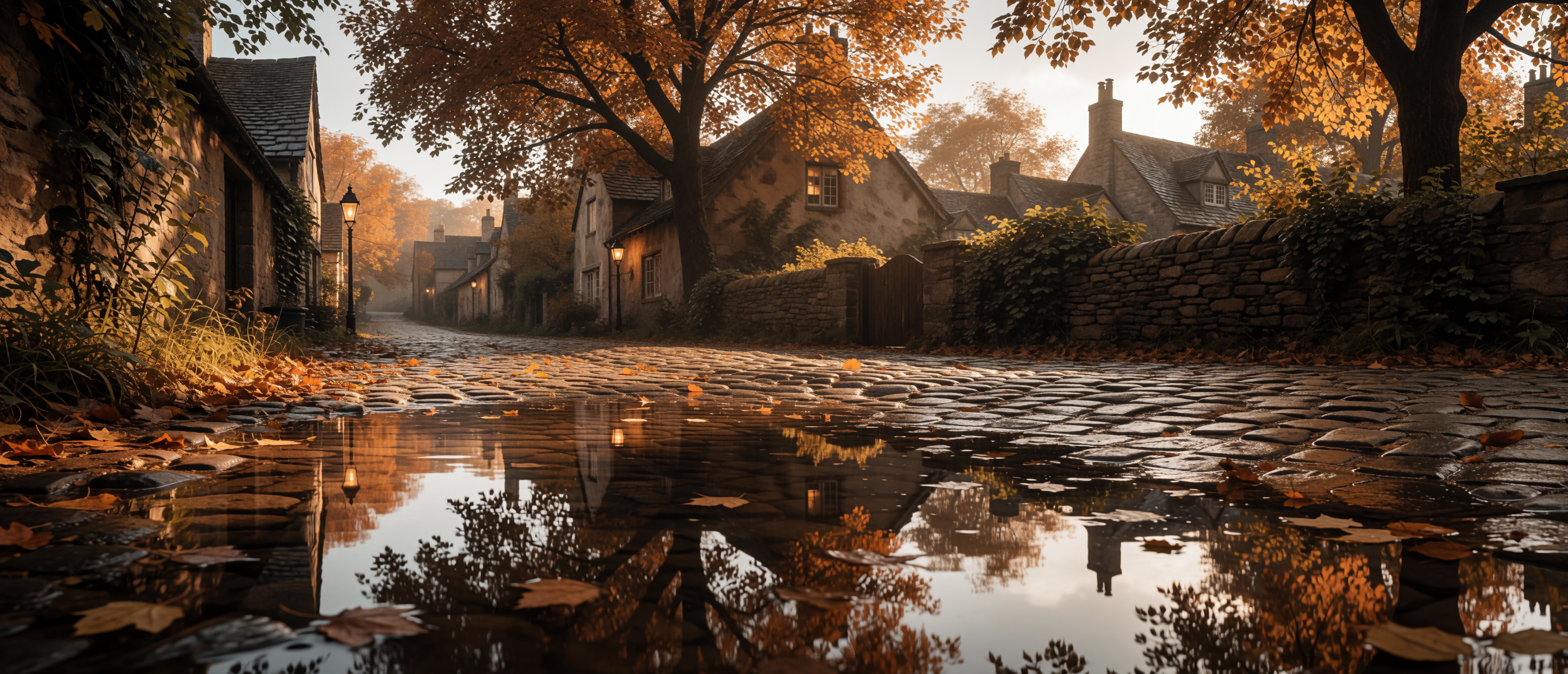 cobblestone-puddle-autumn-village-lane-amber-reflection-ultrawide