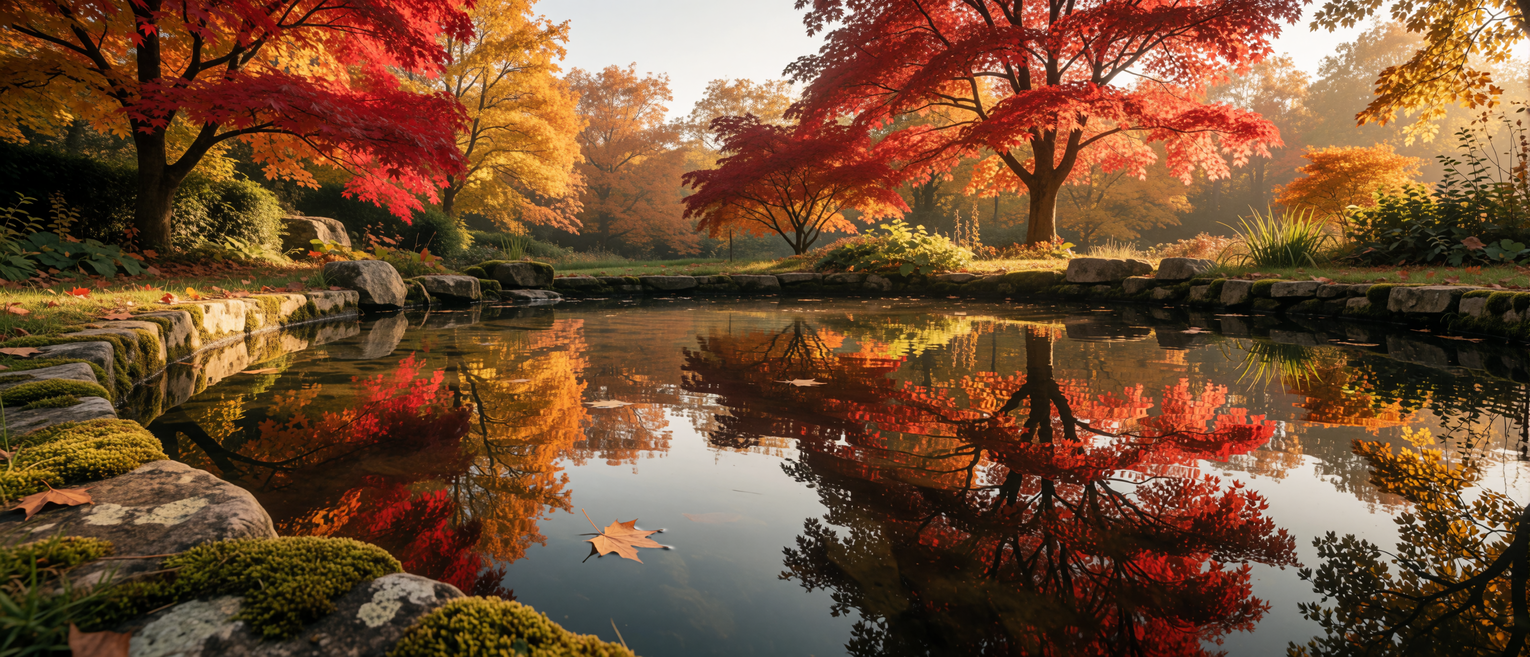 cottage-garden-pond-maple-oak-autumn-mirror-ultrawide