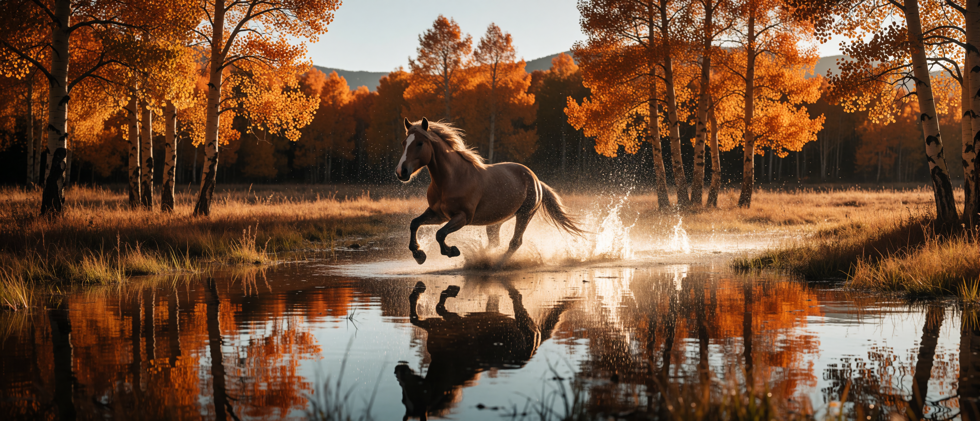 horse-galloping-flooded-meadow-aspen-gold-ultrawide