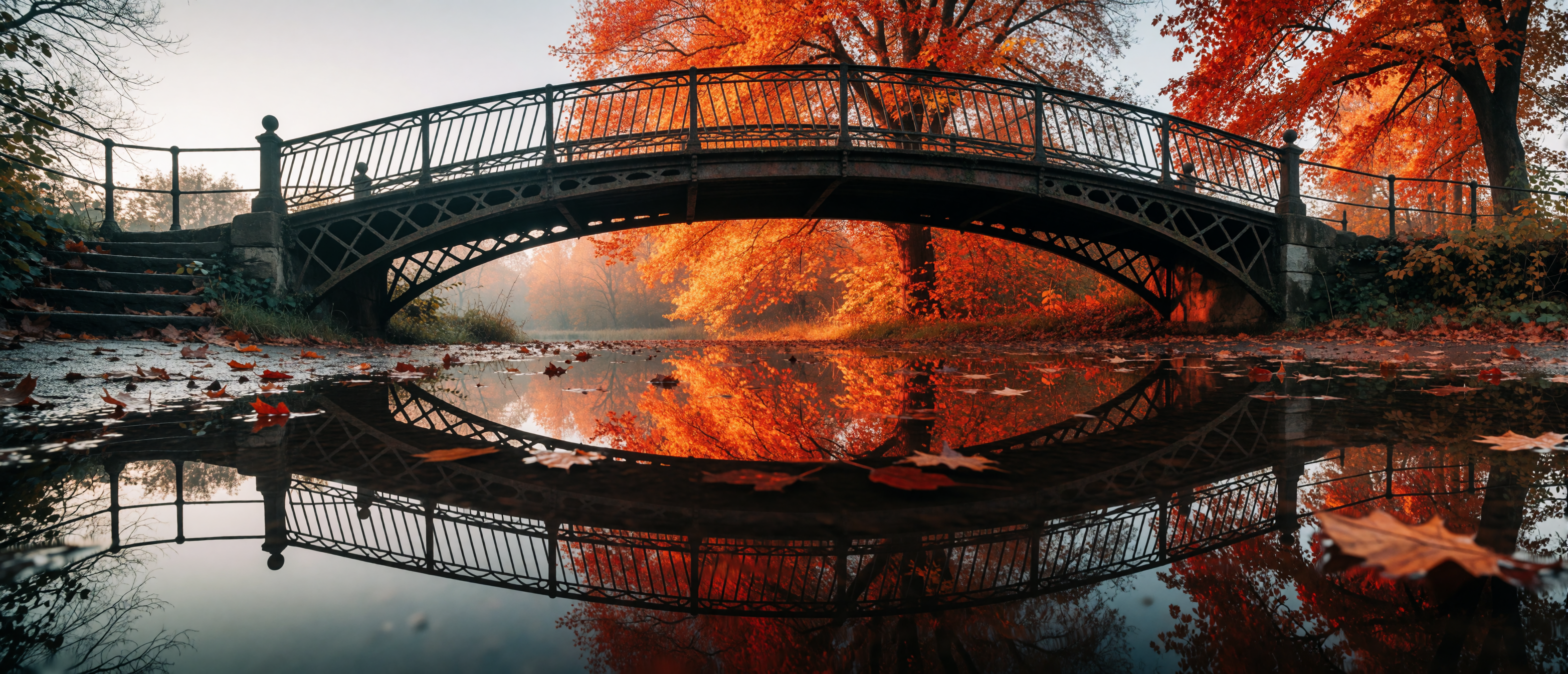 iron-bridge-puddle-amber-trees-morning-reflection-ultrawide