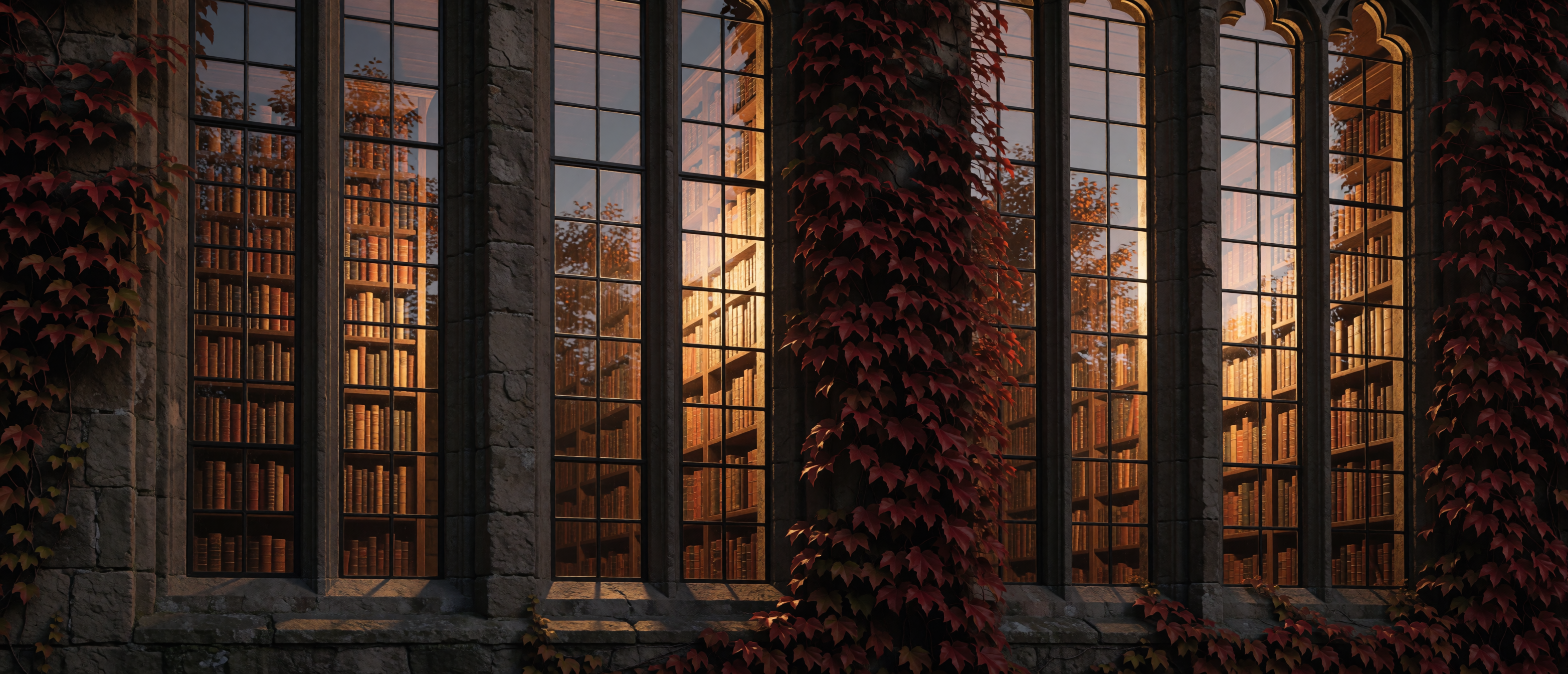 library-mullioned-windows-amber-trees-dusk-autumn-ultrawide