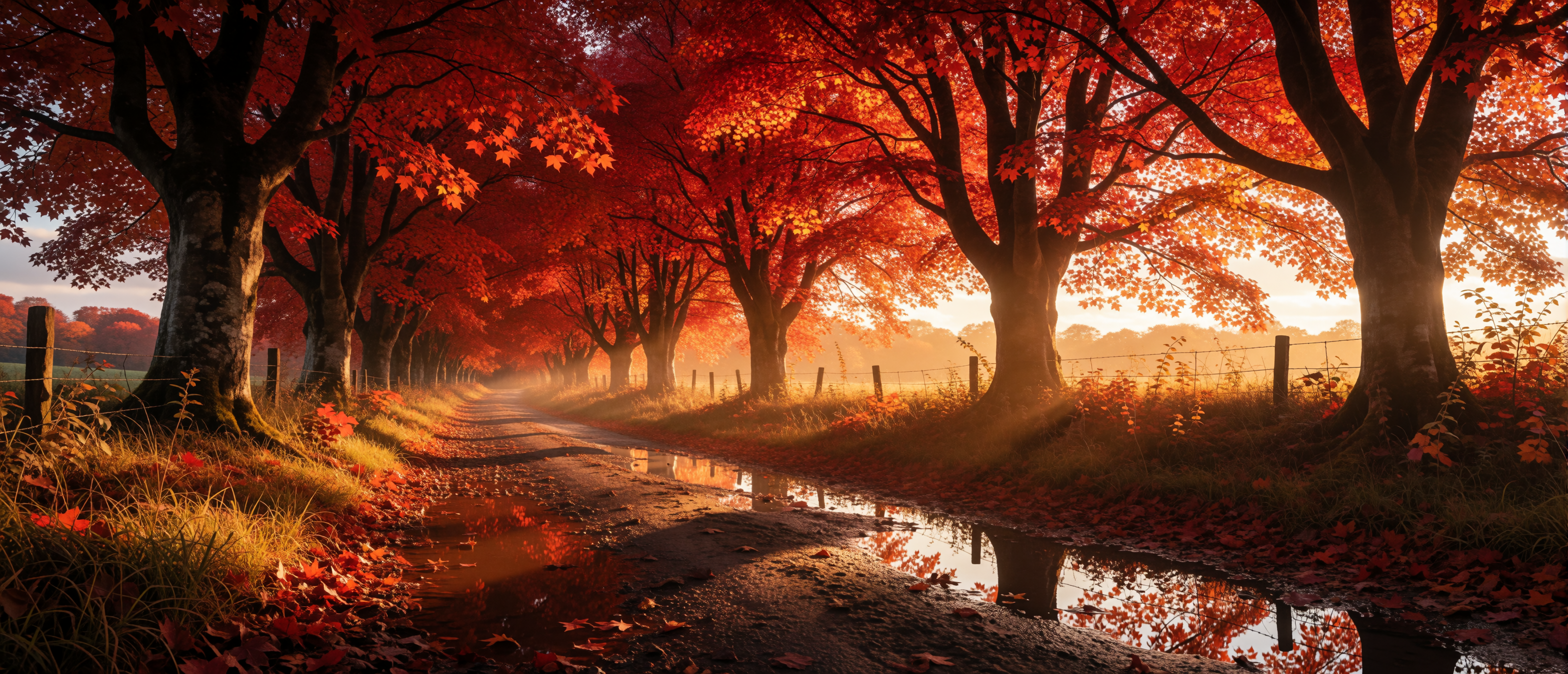 maple-cathedral-lane-puddles-fiery-canopy-golden-ultrawide