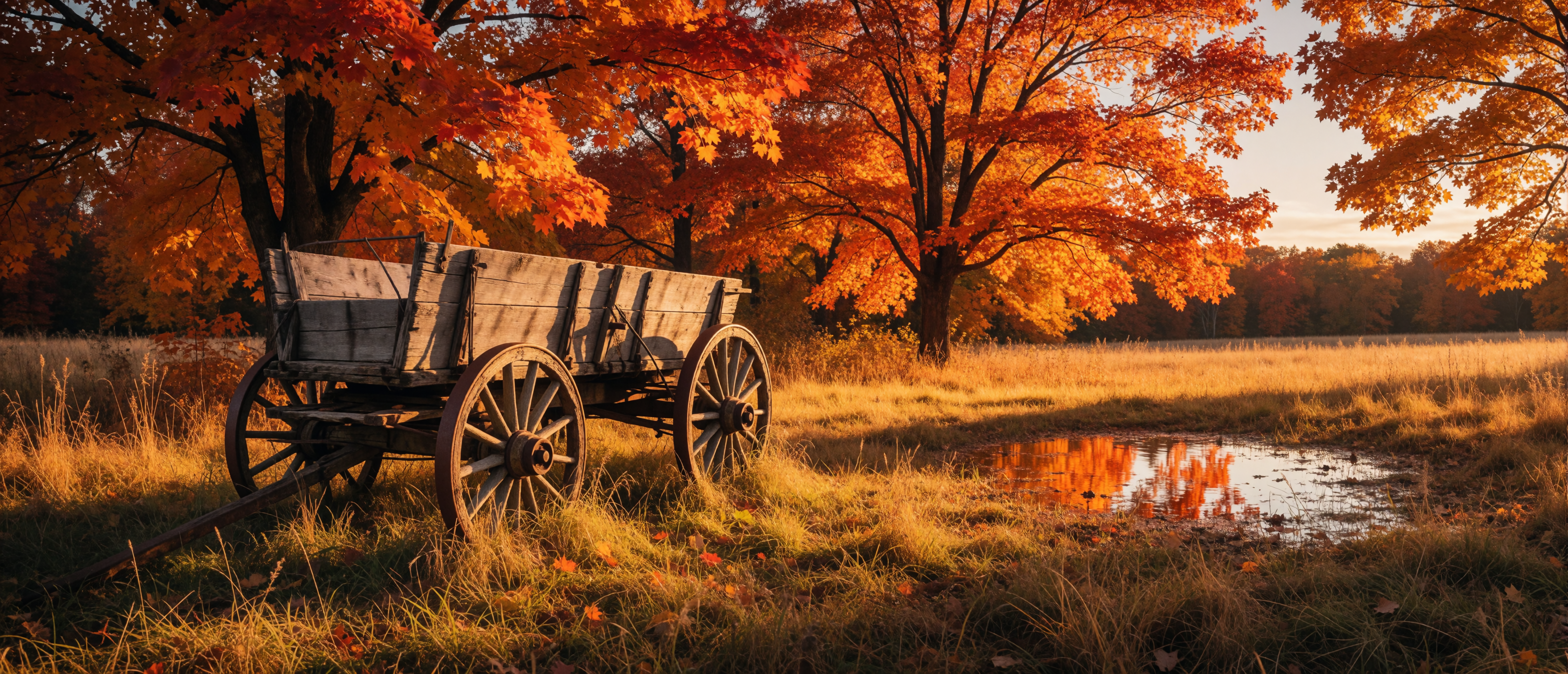 old-wagon-autumn-field-maple-puddle-golden-hour-ultrawide
