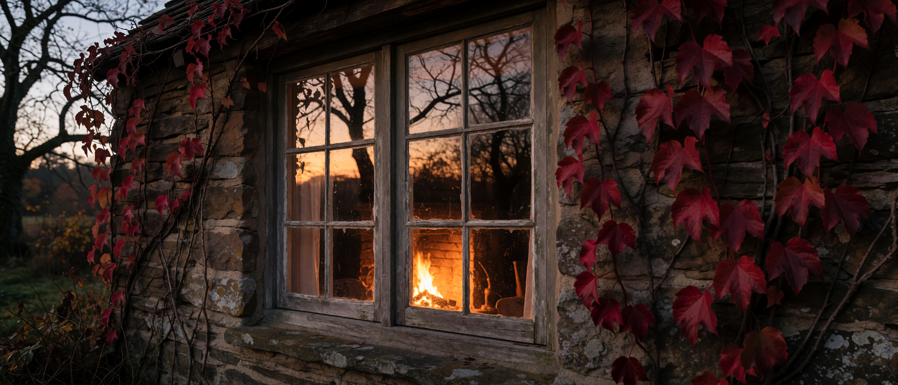 stone-cottage-window-dusk-crimson-ivy-firelight-ultrawide