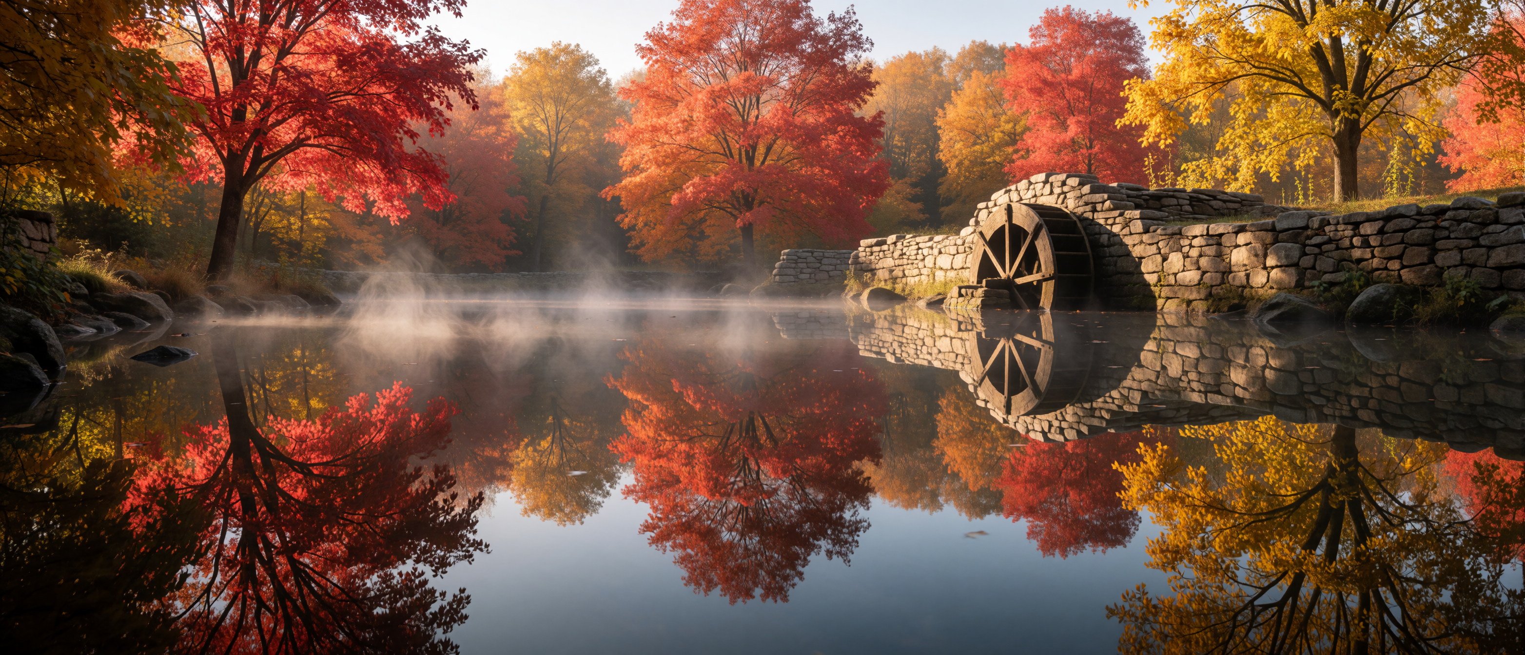 stone-mill-pond-dawn-blazing-autumn-mist-ultrawide