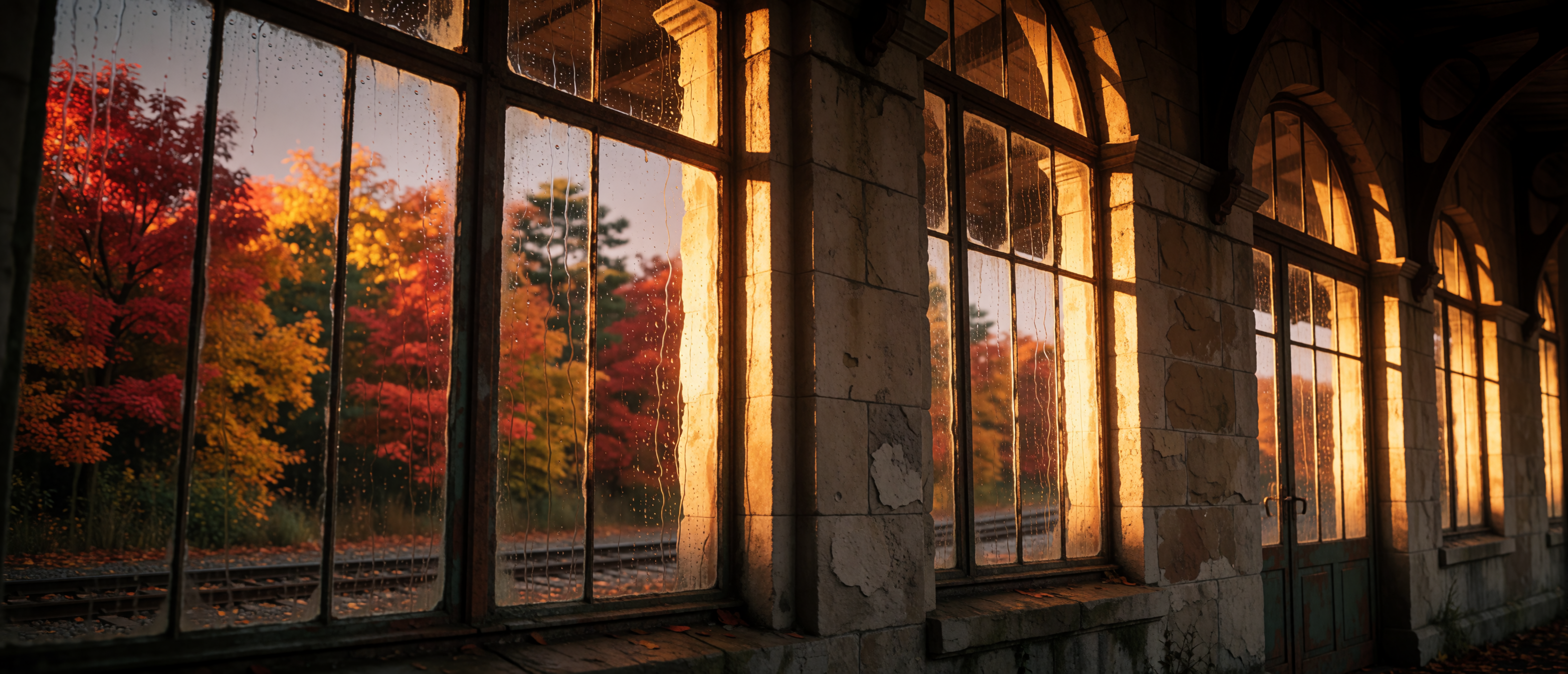 stone-train-station-arched-windows-autumn-treeline-ultrawide