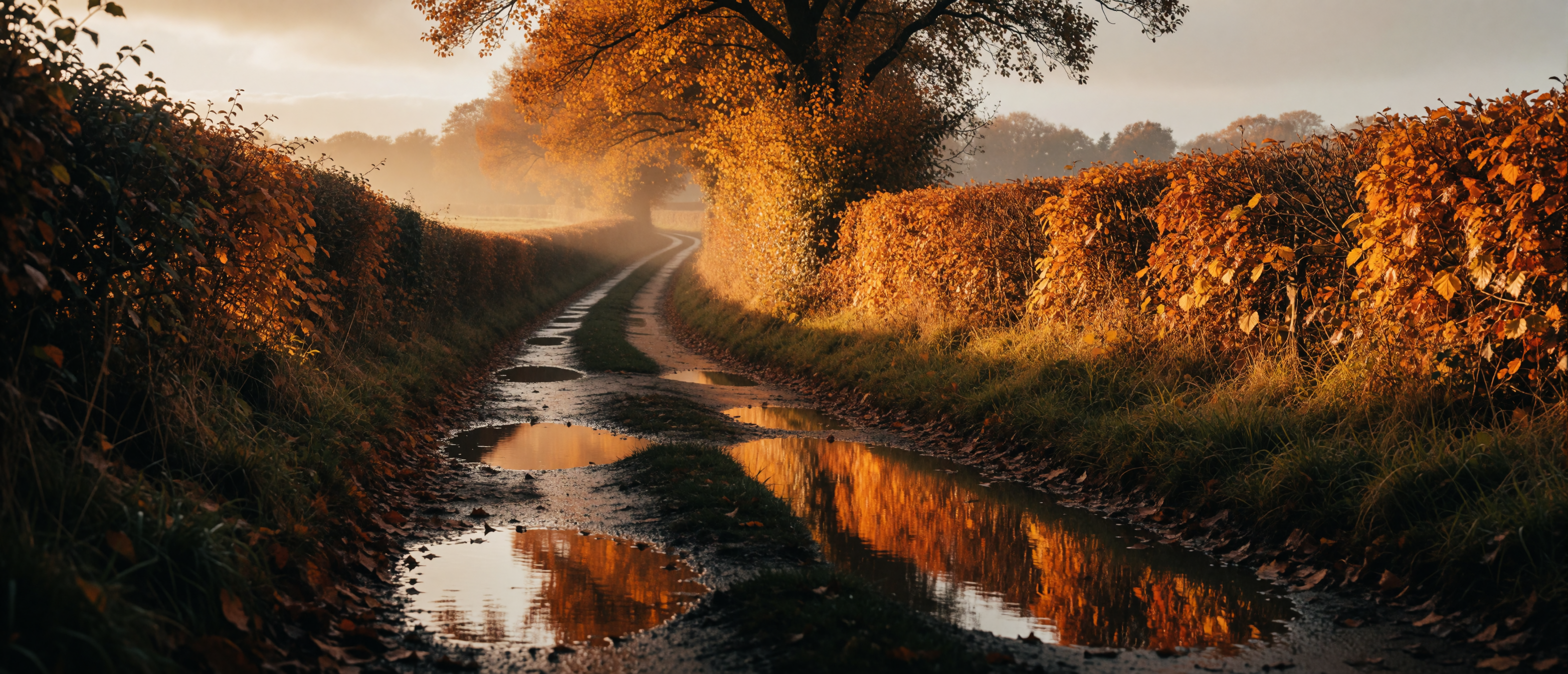 sunken-lane-puddles-amber-hedgerow-autumn-mist-ultrawide