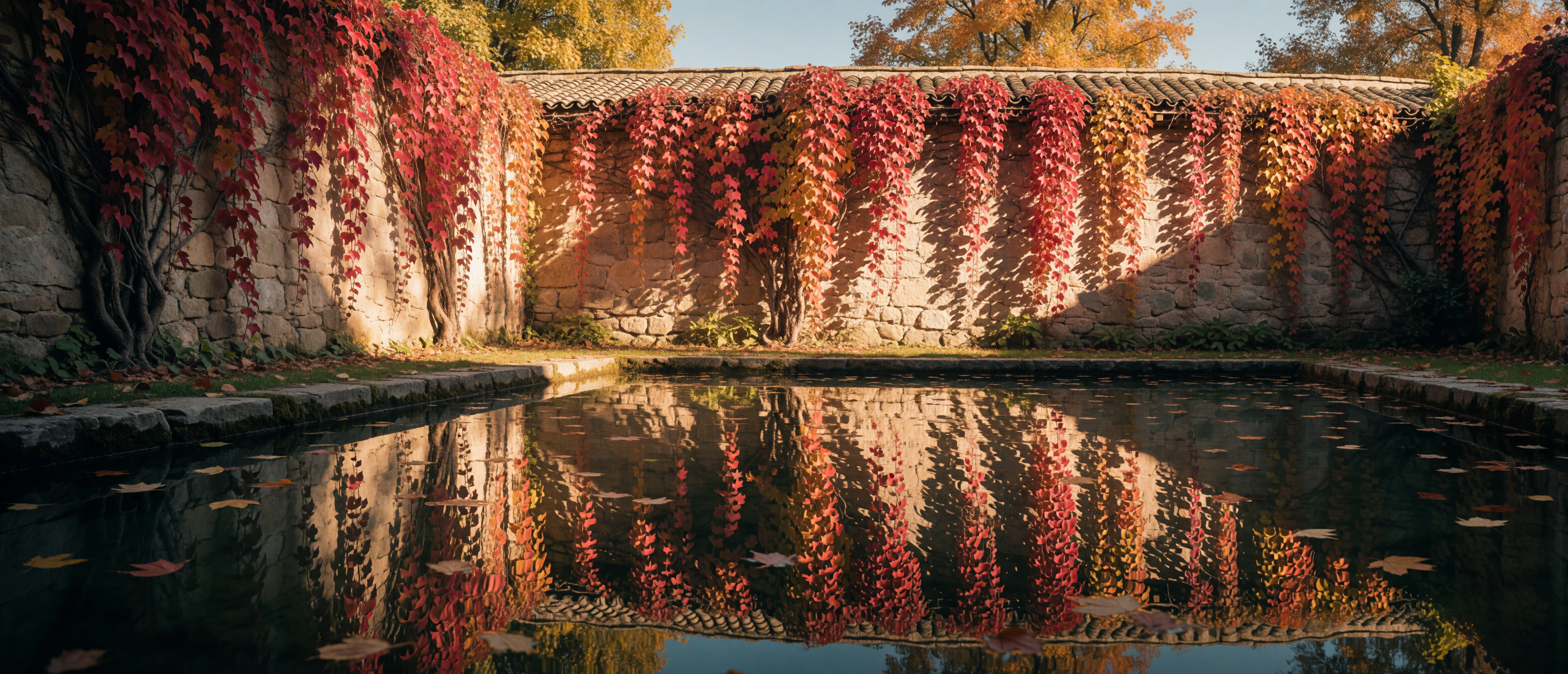 walled-garden-pool-crimson-vines-autumn-mirror-ultrawide