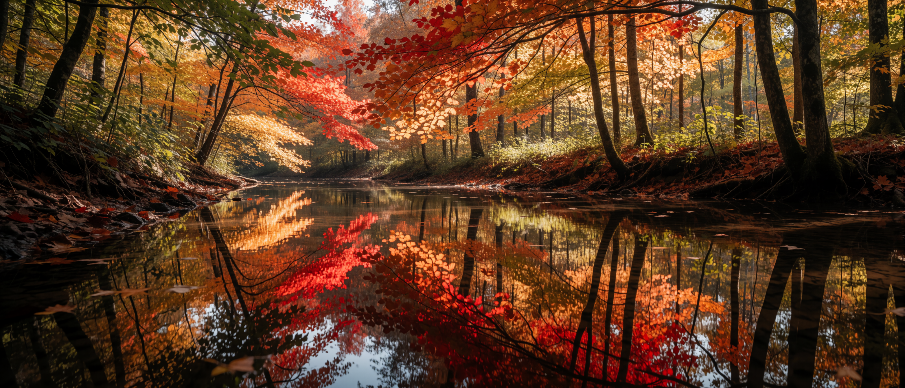 woodland-creek-canopy-mirror-copper-gold-autumn-ultrawide