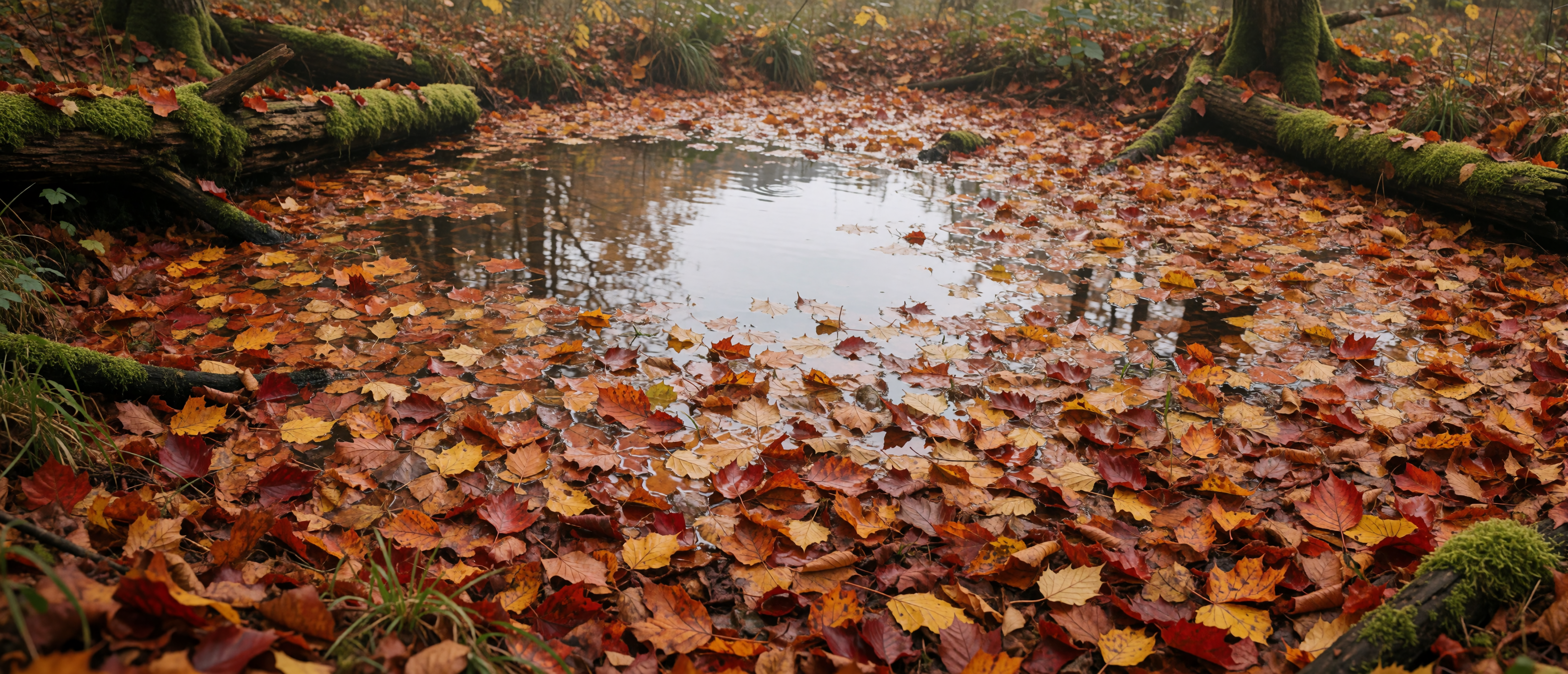 woodland-pond-fallen-leaf-carpet-autumn-mosaic-ultrawide