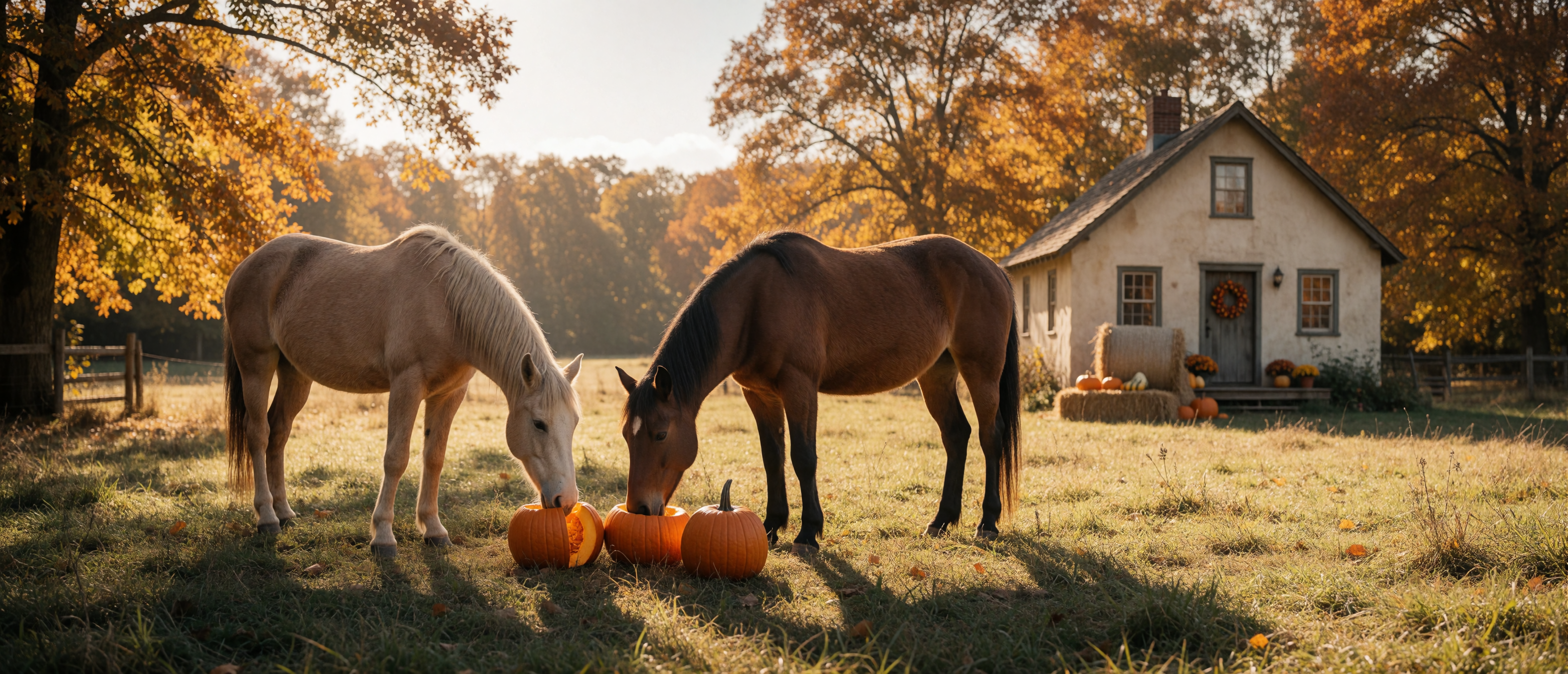 harvest-f03-two-horses-pumpkin-decorated-farm-cottage-ultrawide