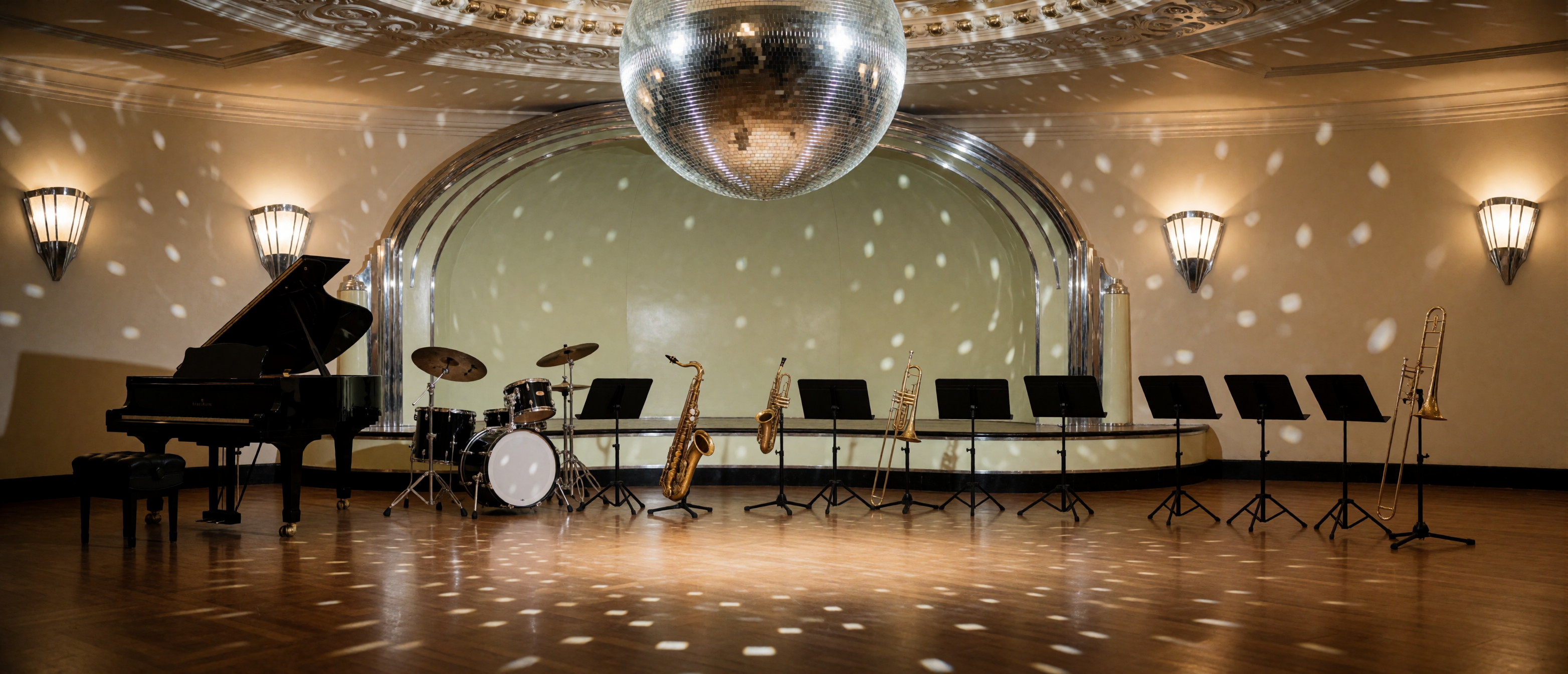 music-time-1940s-big-band-art-deco-ballroom-mirror-ball-ultrawide