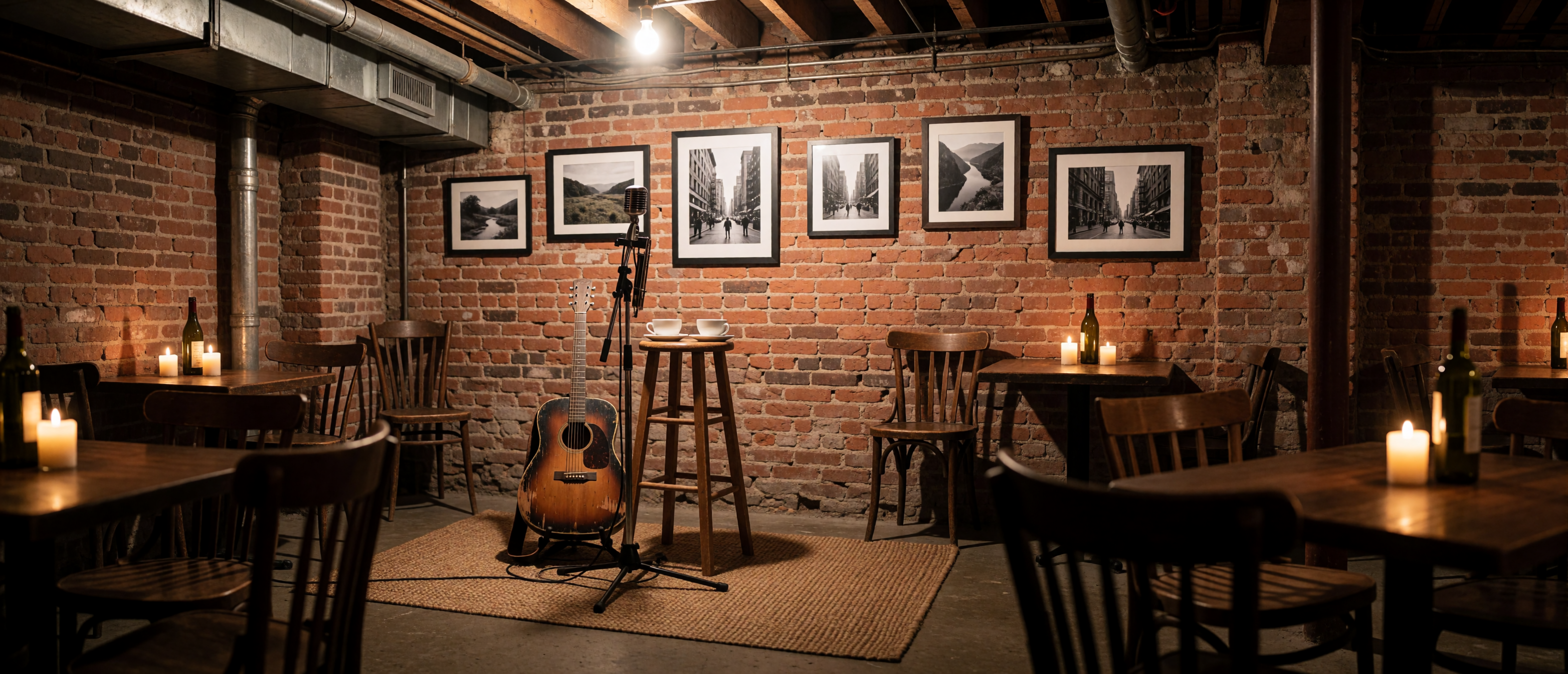 music-time-1960s-folk-coffeehouse-acoustic-guitar-wine-candle-ultrawide