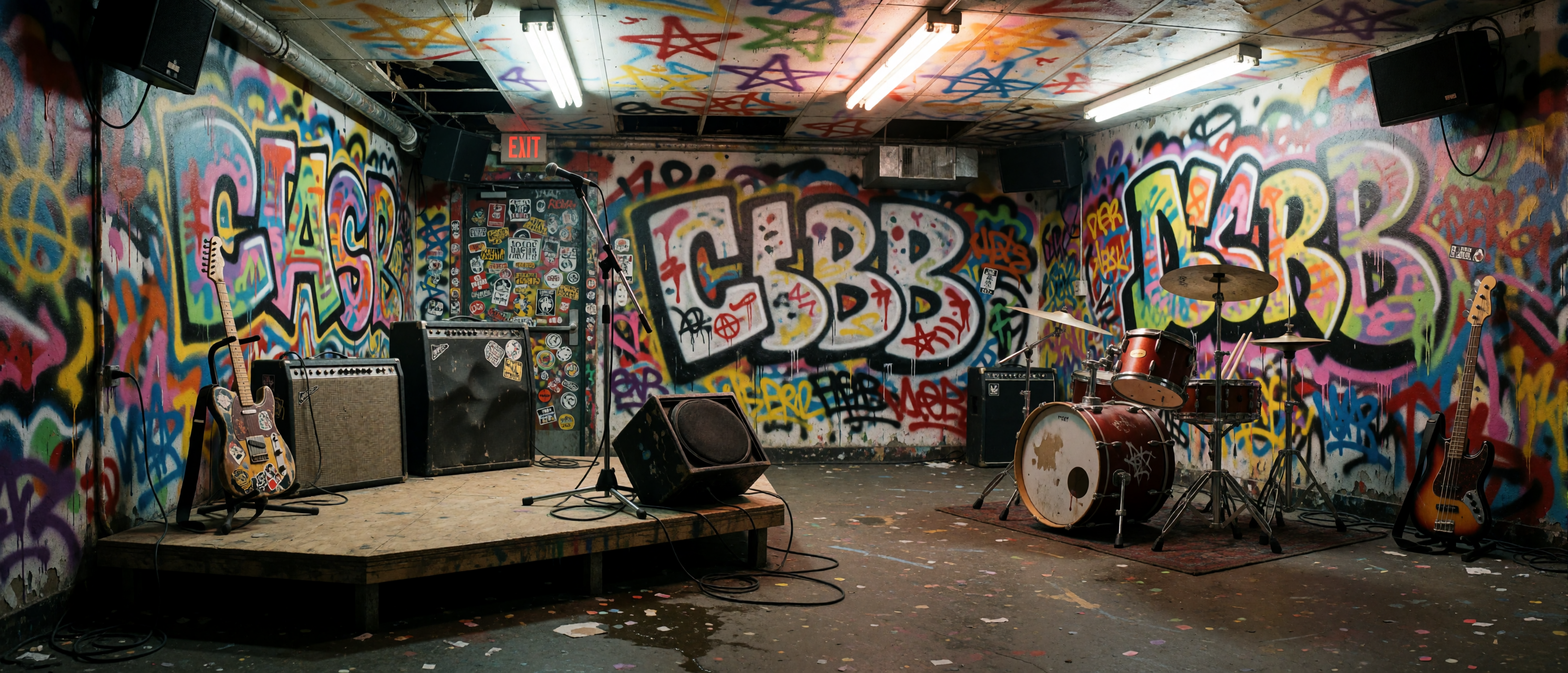 music-time-1970s-punk-cbgb-graffiti-beat-up-guitar-ultrawide