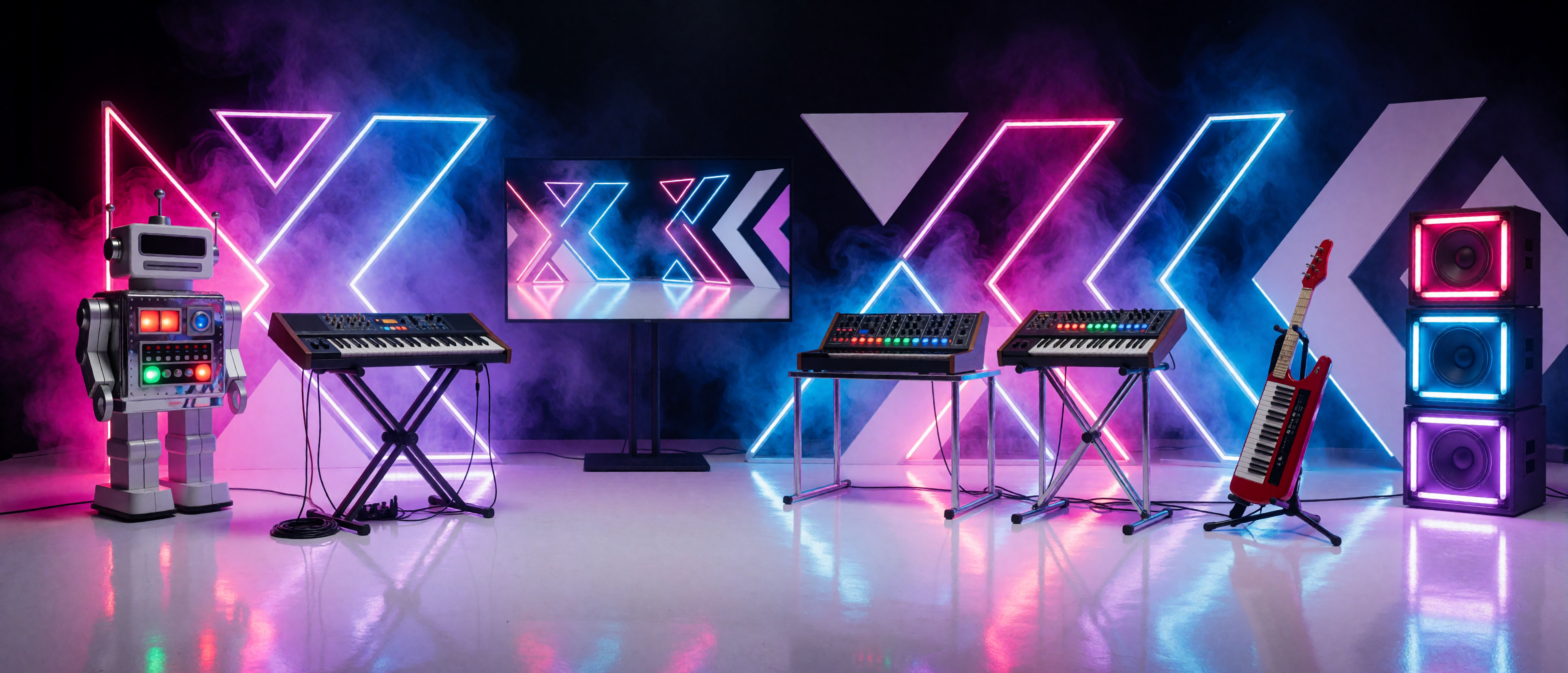 music-time-1980s-synth-new-wave-neon-keyboards-fog-ultrawide