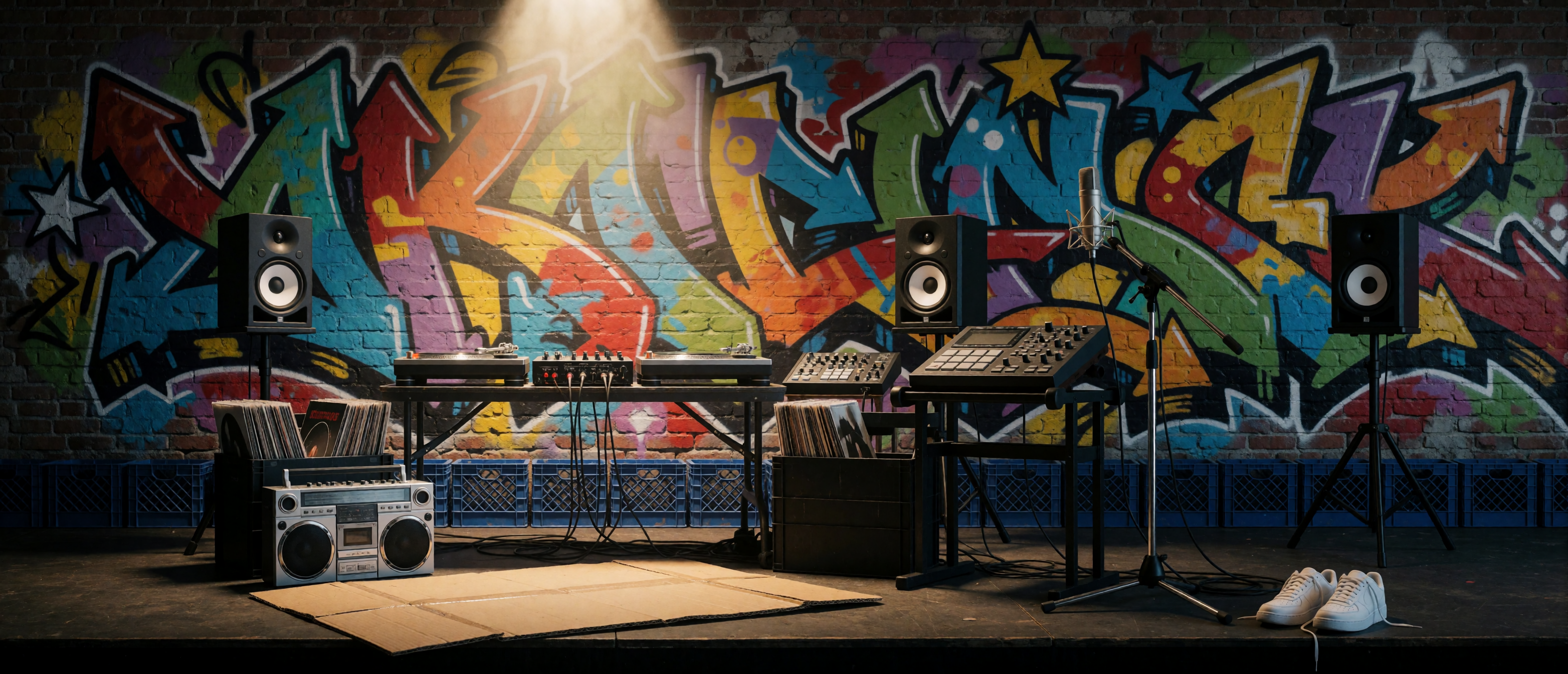 music-time-1990s-hip-hop-turntables-graffiti-mural-boombox-ultrawide
