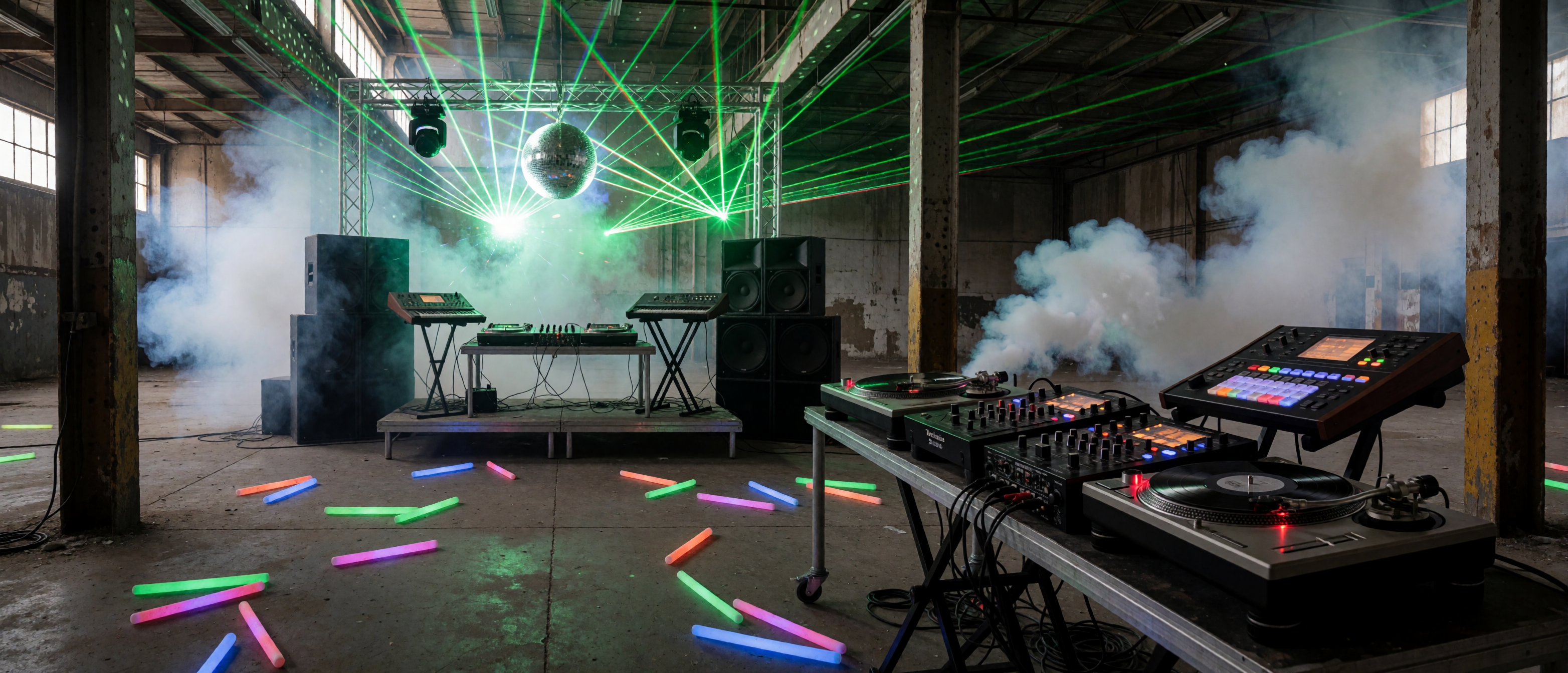 music-time-1990s-rave-warehouse-turntables-laser-grid-ultrawide