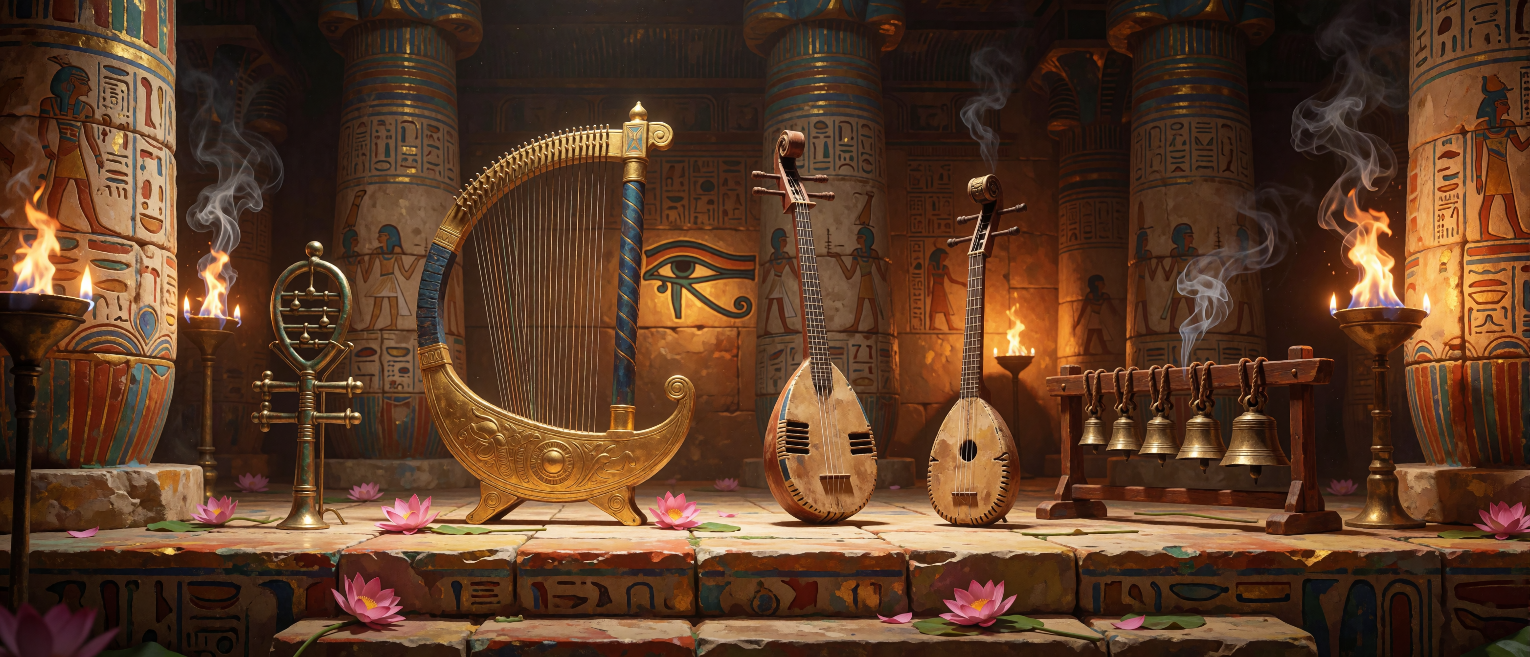 music-time-ancient-egypt-temple-harp-sistrum-ultrawide