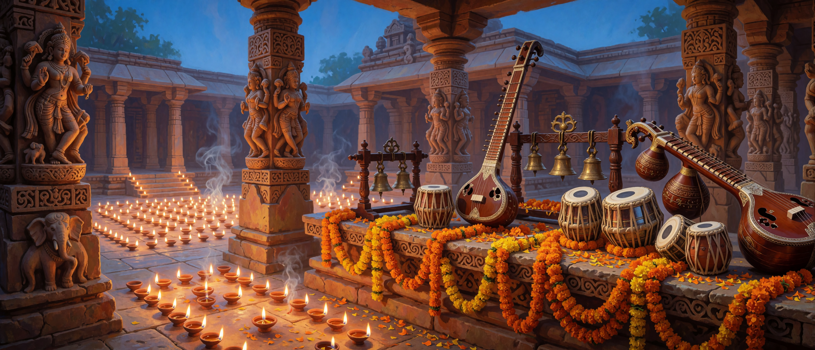 music-time-ancient-india-temple-veena-tabla-marigold-ultrawide