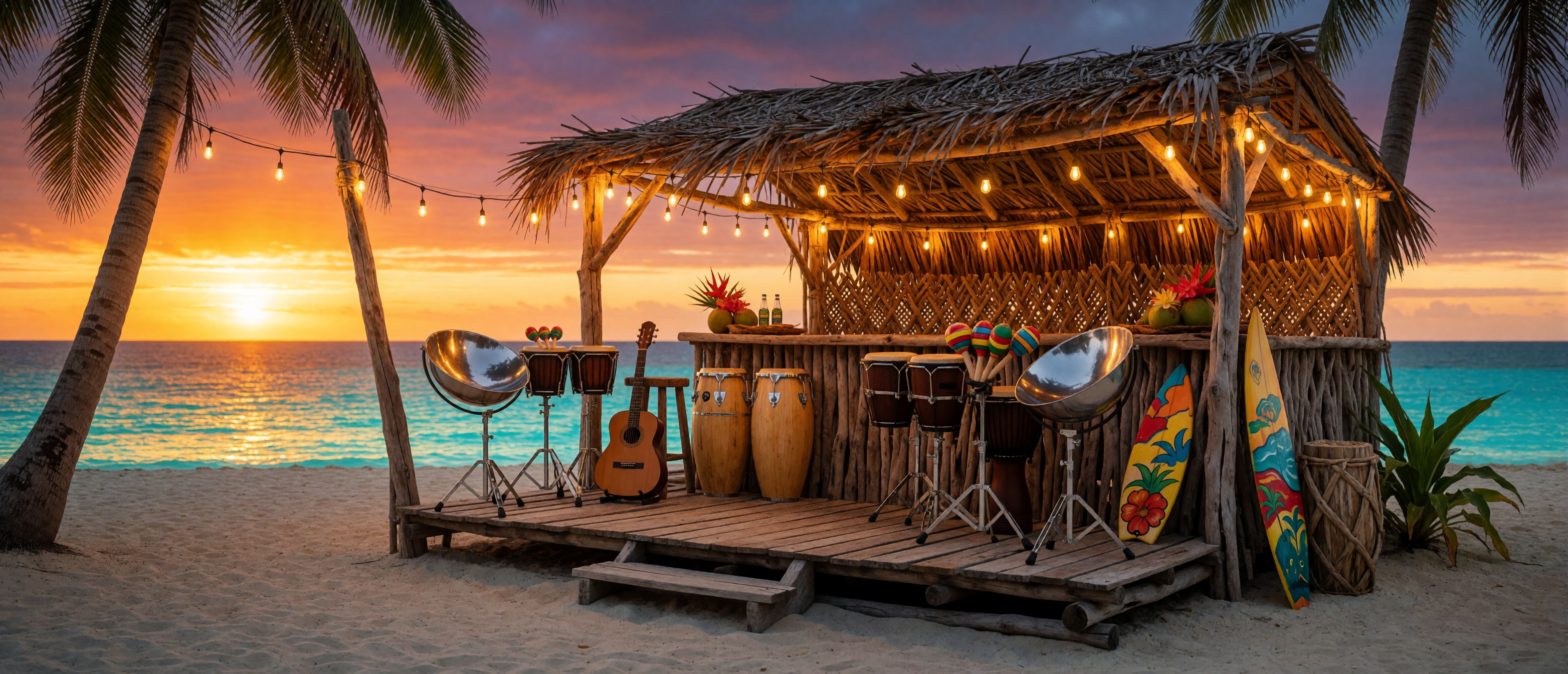 music-time-caribbean-beach-steel-pans-tiki-bar-sunset-ultrawide