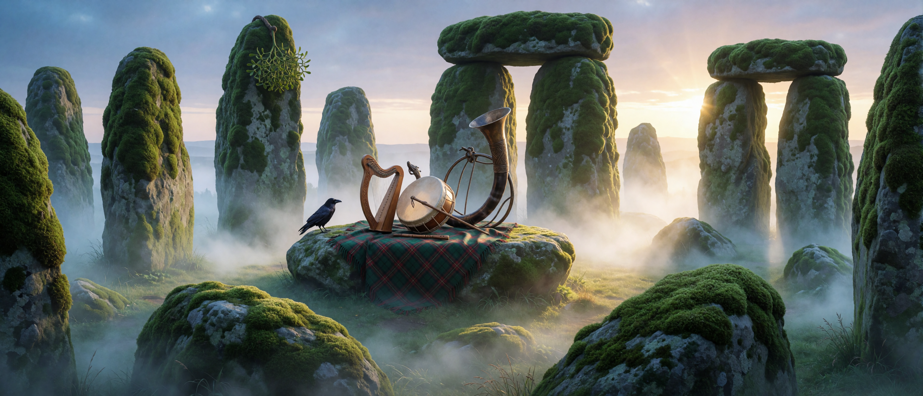 music-time-celtic-stone-circle-harp-carnyx-dawn-ultrawide