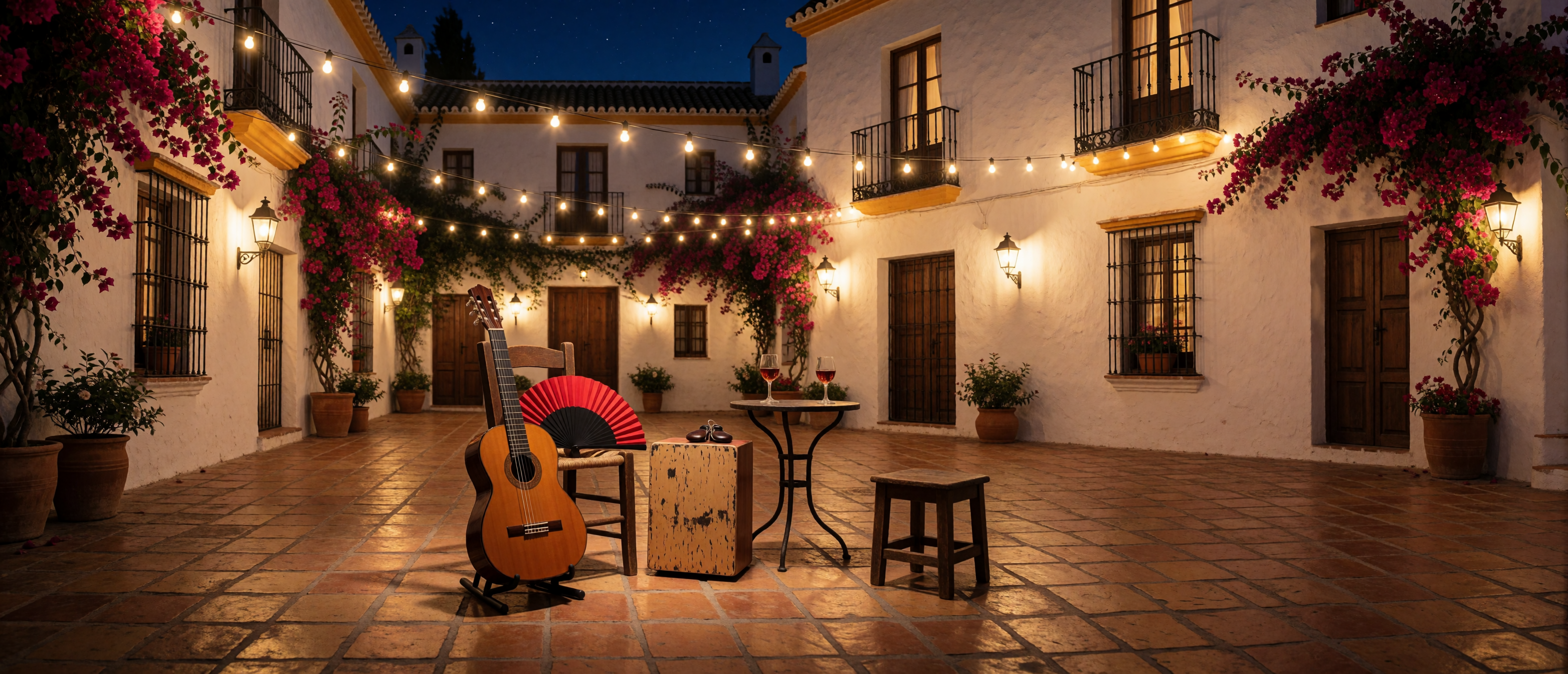 music-time-flamenco-courtyard-guitar-cajon-bougainvillea-ultrawide