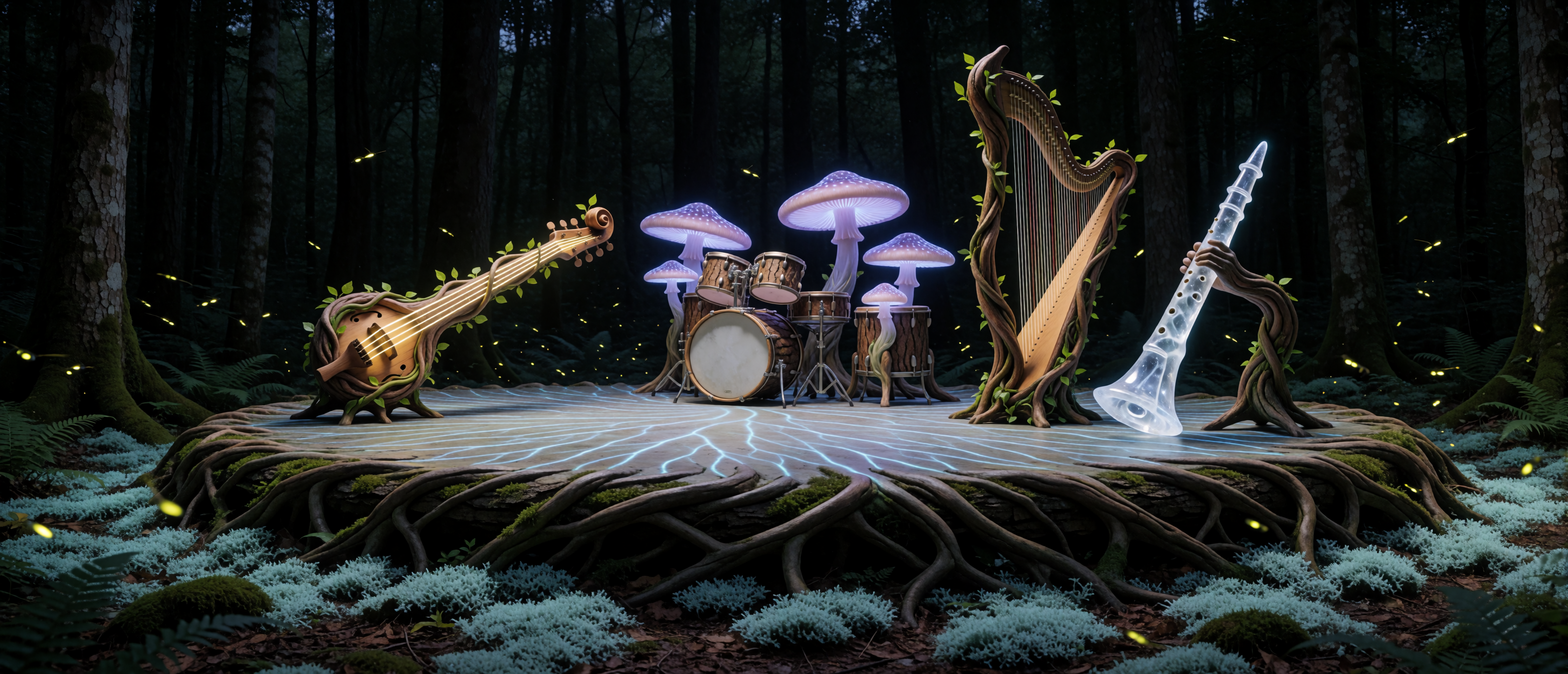 music-time-future-living-stage-bioluminescent-grown-instruments-ultrawide