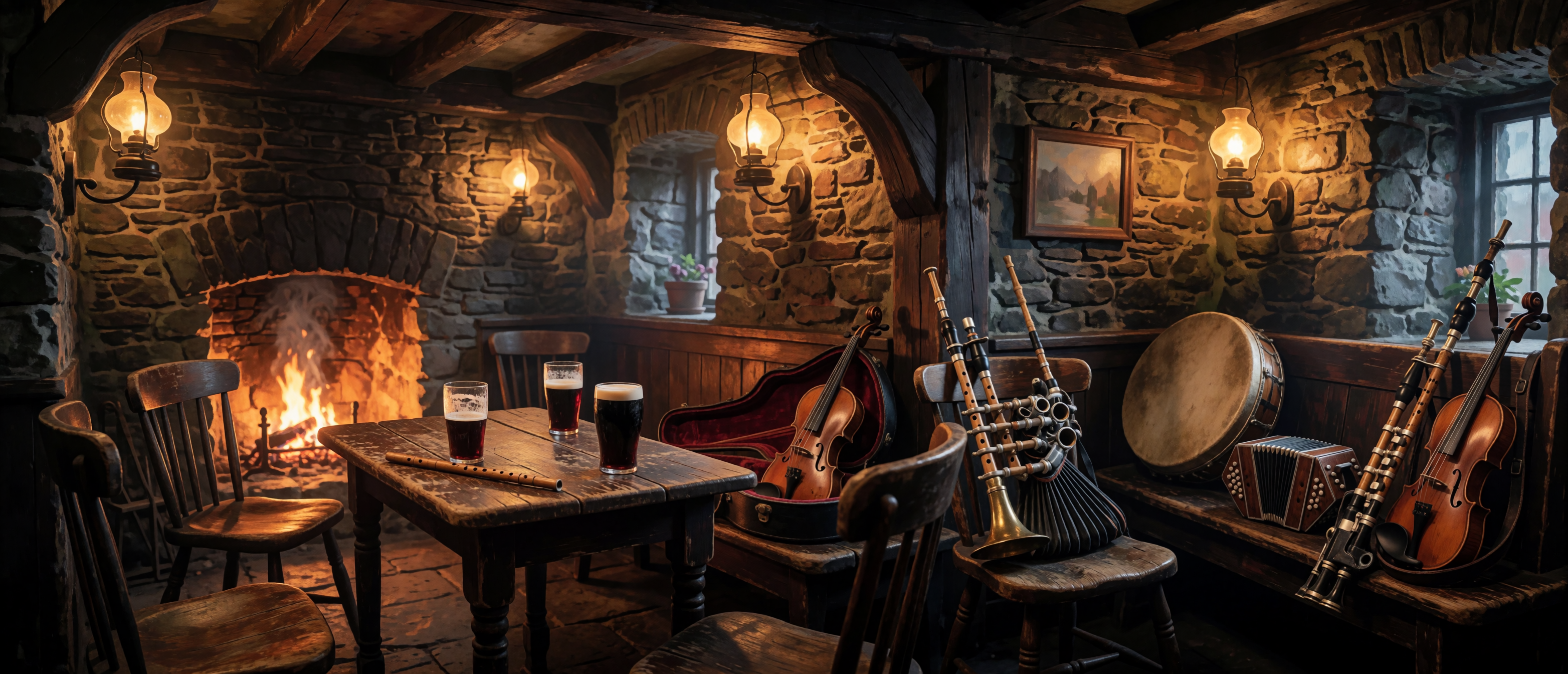 music-time-irish-pub-uilleann-pipes-bodhran-peat-fire-ultrawide