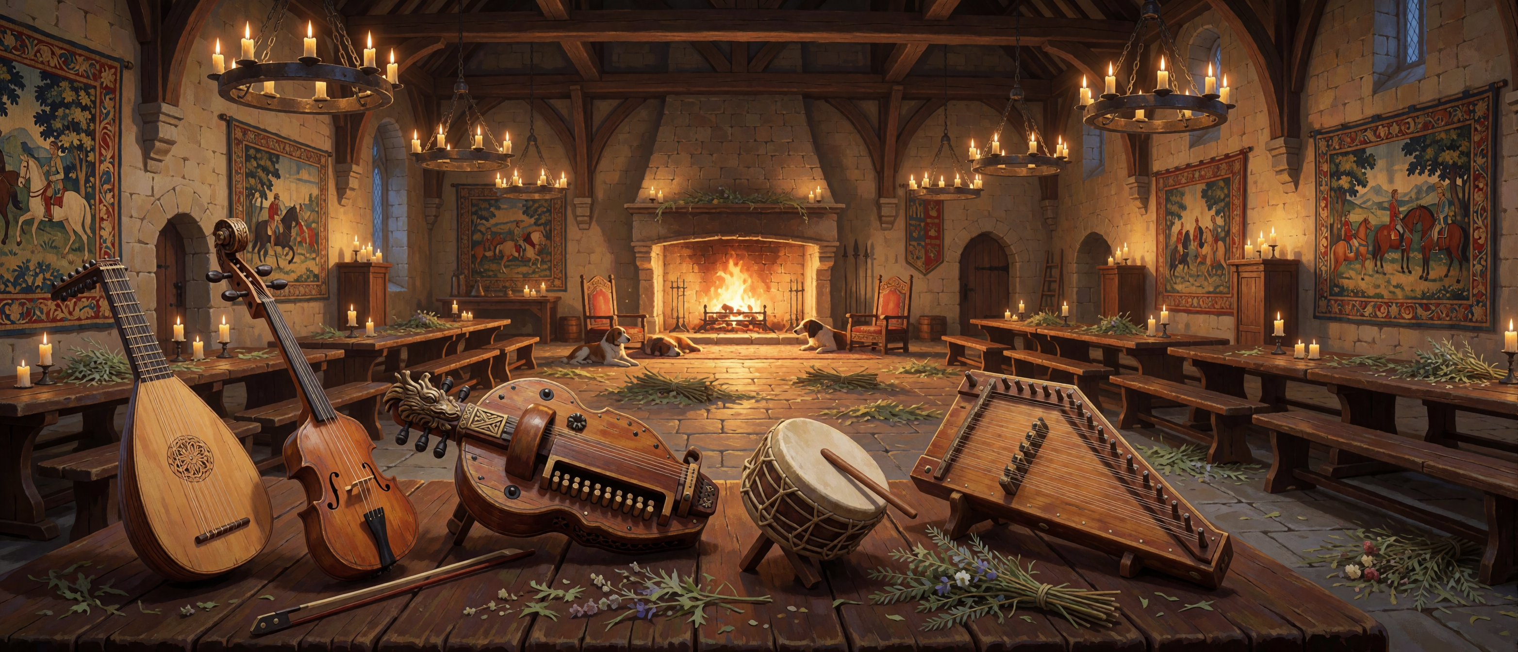 music-time-medieval-great-hall-lute-hurdy-gurdy-ultrawide