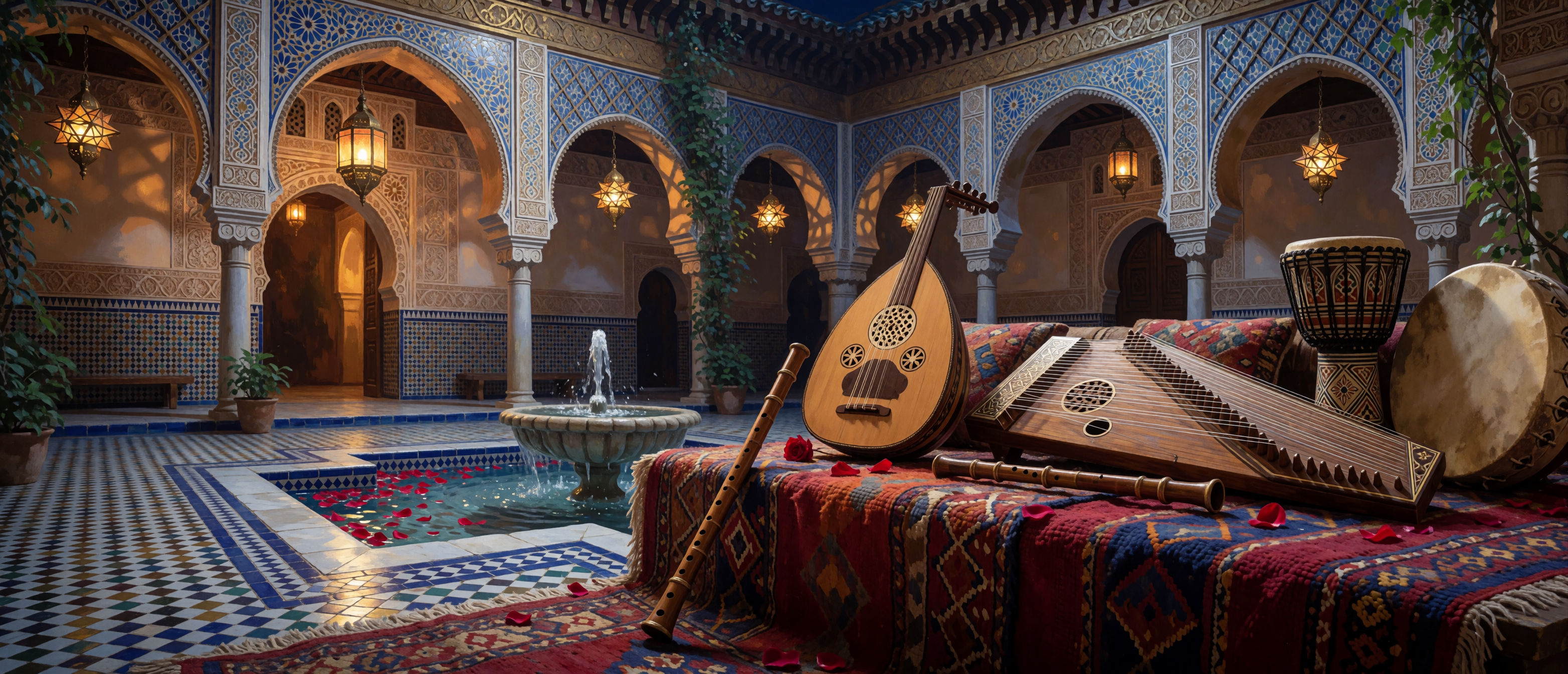 music-time-middle-eastern-moorish-courtyard-oud-qanun-ultrawide
