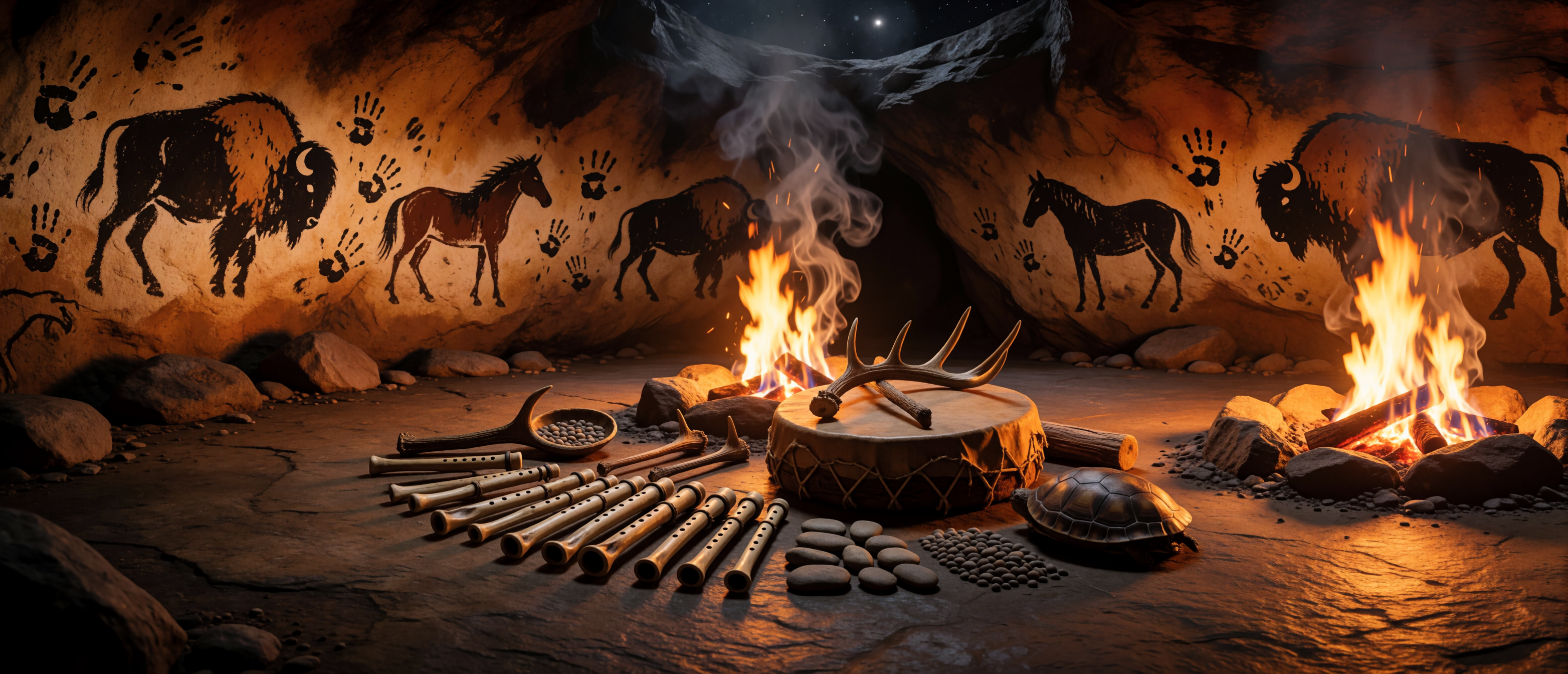 music-time-prehistoric-cave-bone-flutes-firelight-ultrawide
