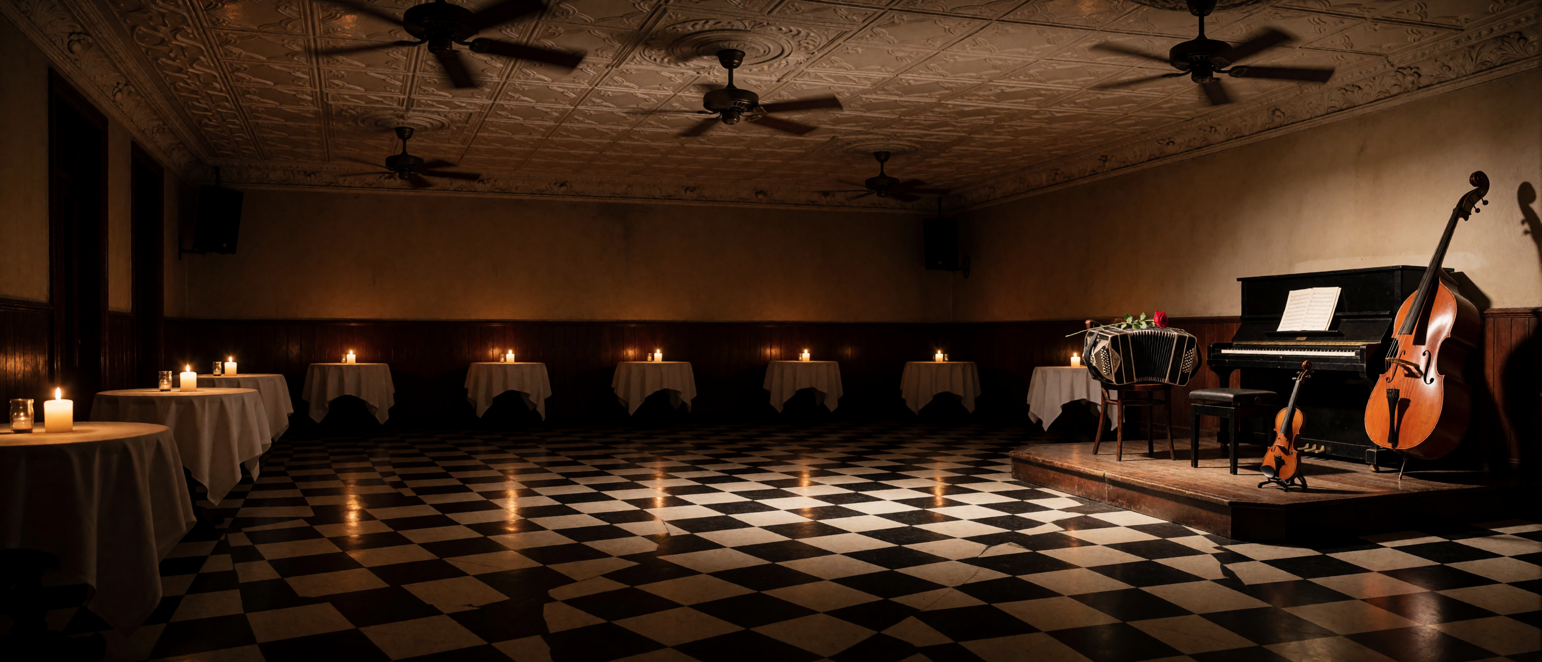 music-time-tango-hall-bandoneon-checkered-floor-ultrawide